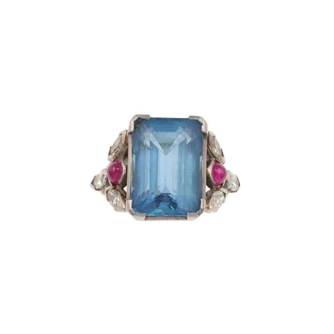 Synthetic gemstone, ruby, diamond and gold ring