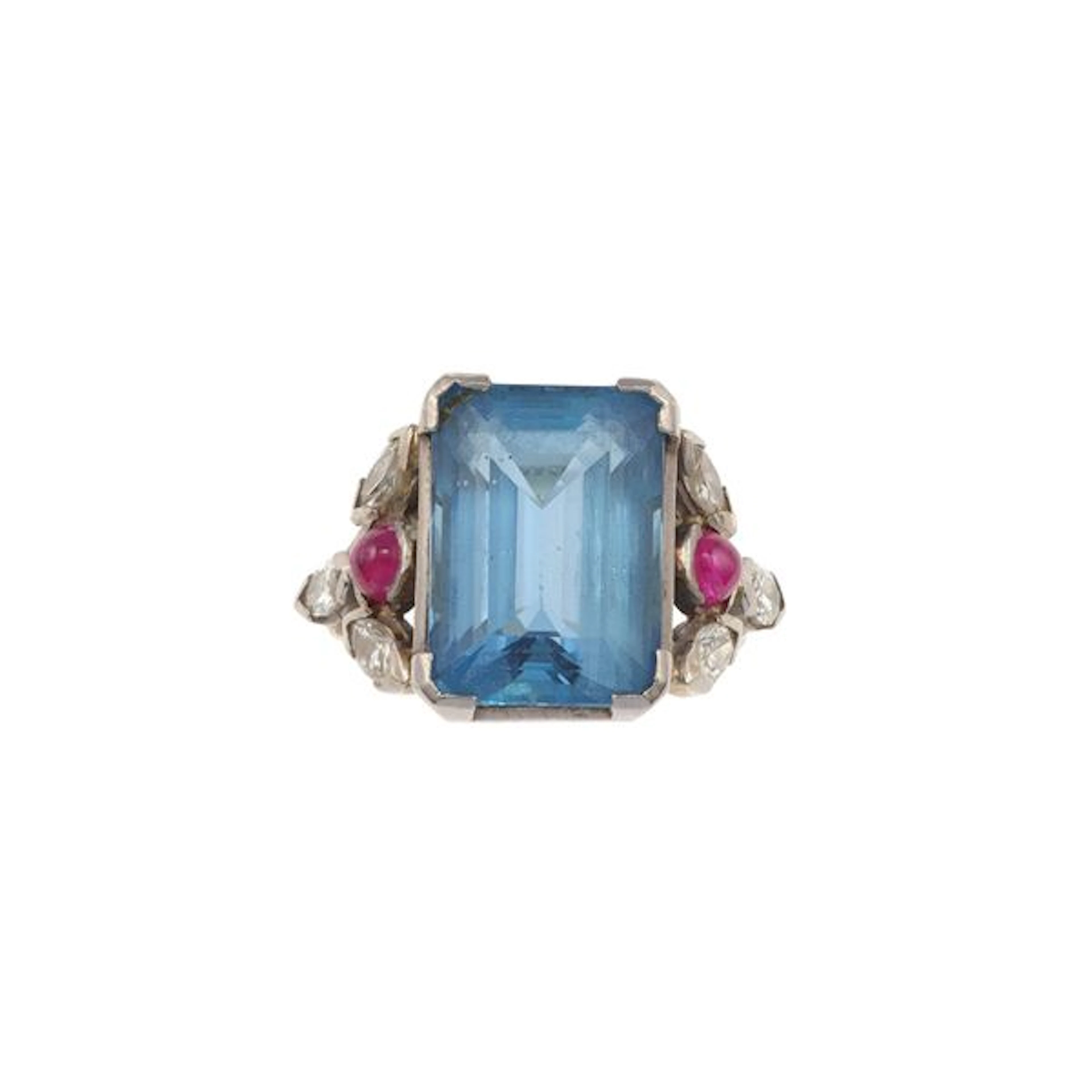 Synthetic gemstone, ruby, diamond and gold ring