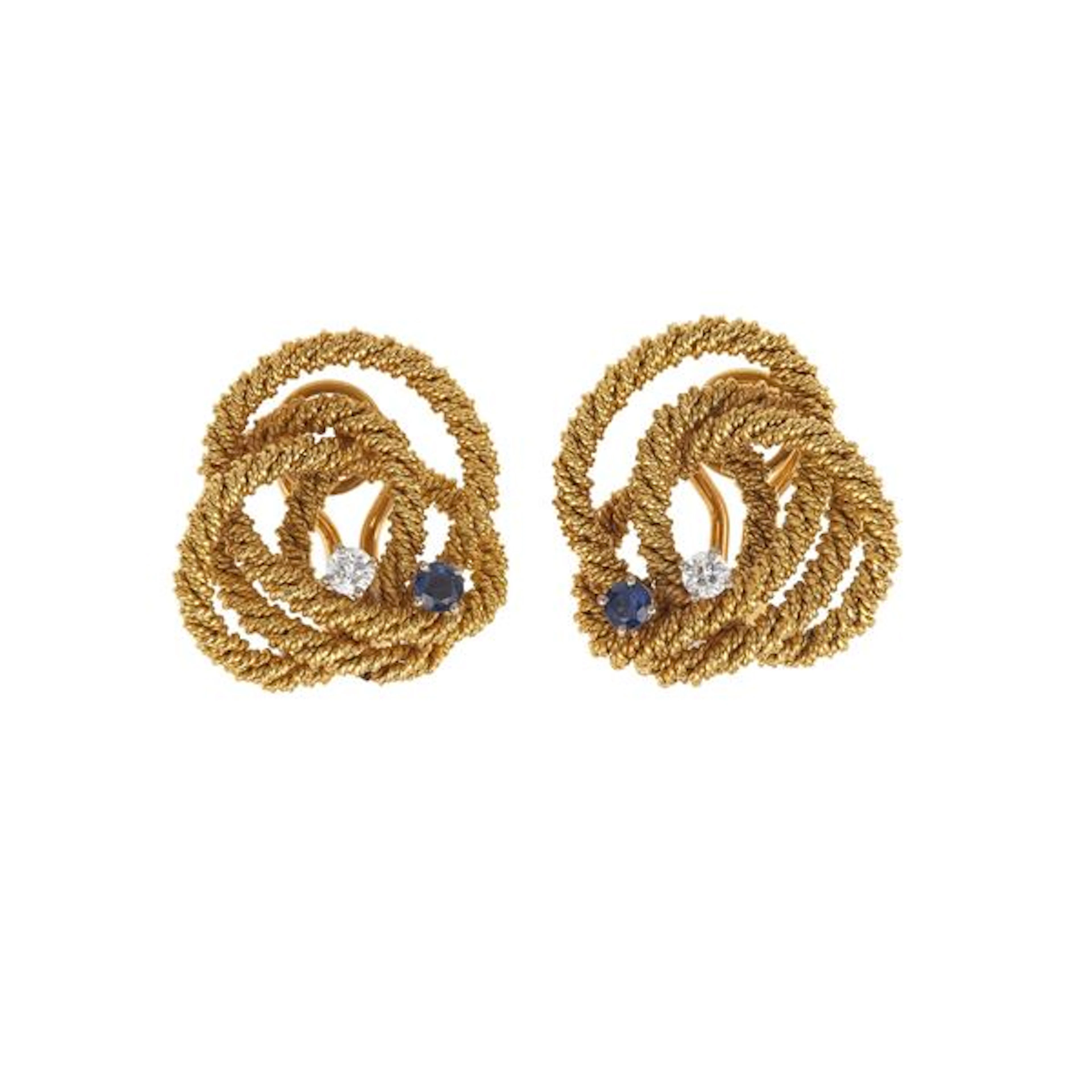 Pair of diamond, sapphire and gold earrings