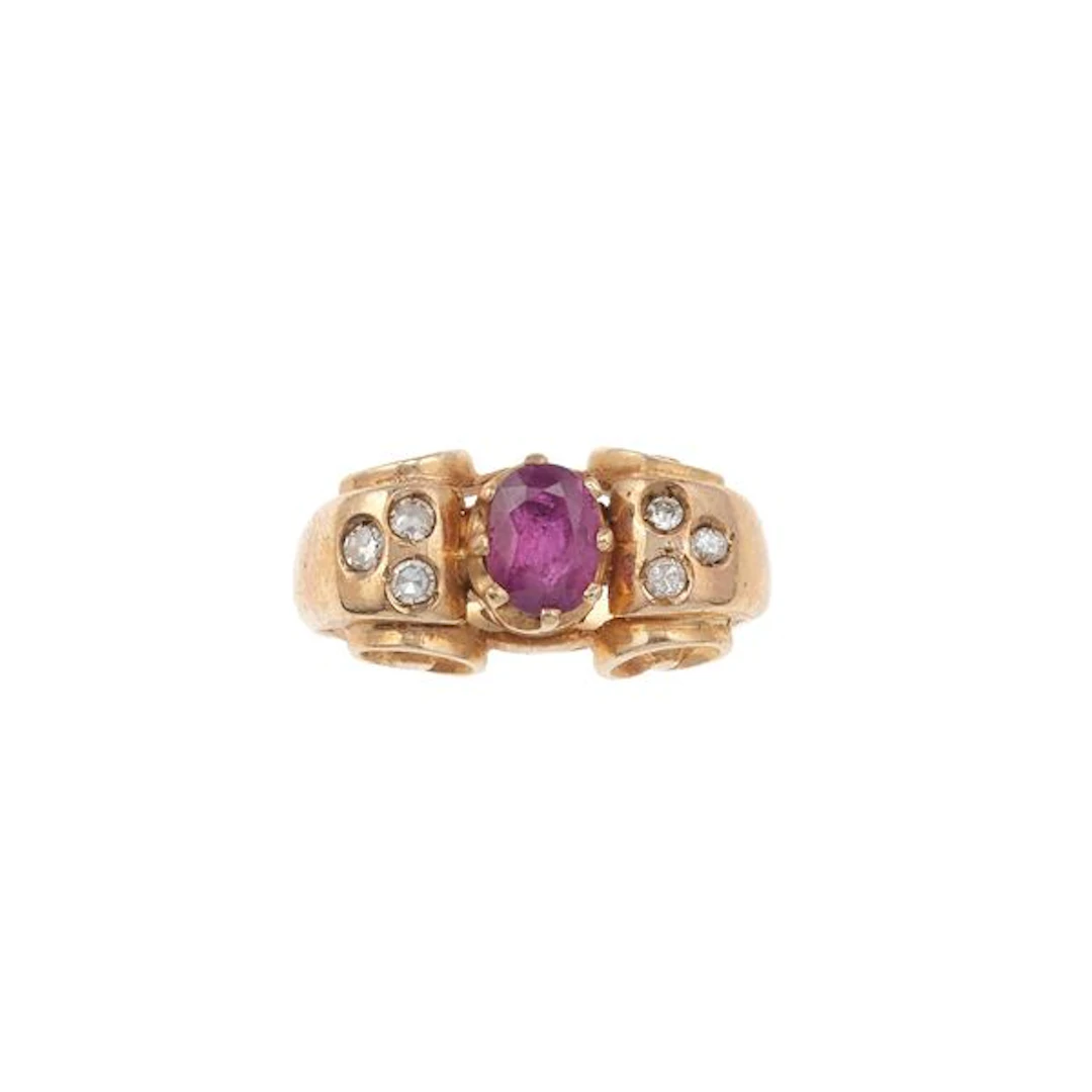 Ruby, diamond and low karat gold ring