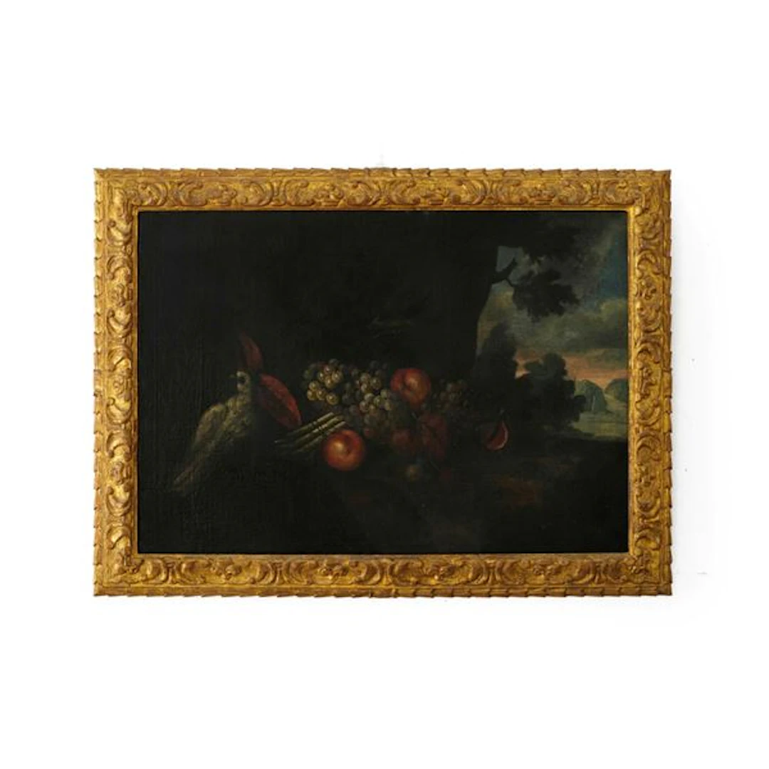 Scuola del XVII-XVIII secolo Natura morta con frutti, ortaggi e pappagallino