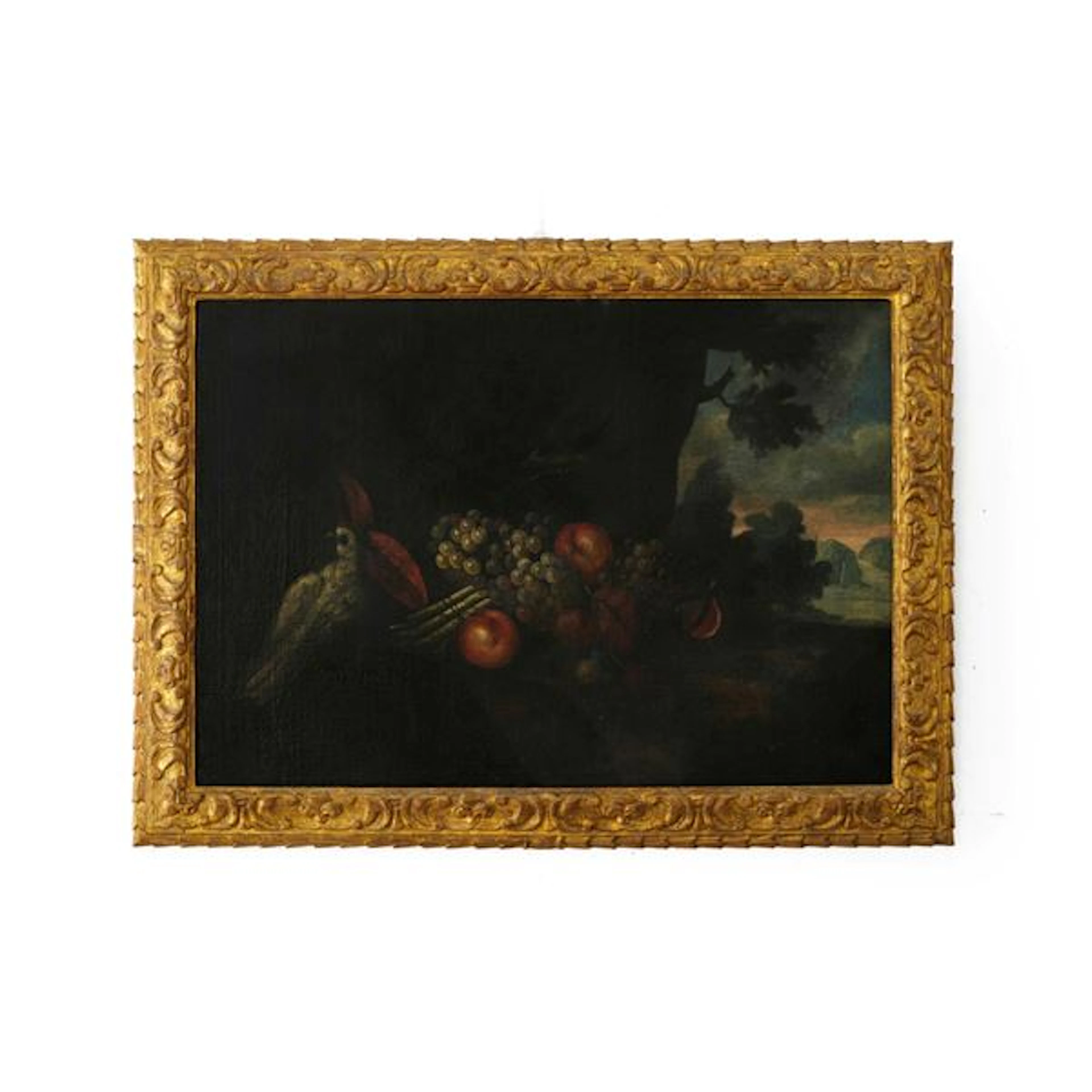 Scuola del XVII-XVIII secolo Natura morta con frutti, ortaggi e pappagallino