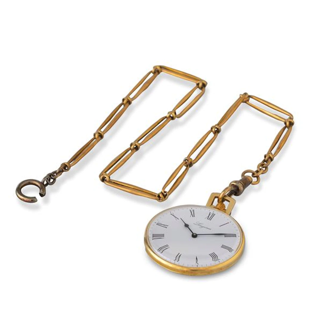 Orologio da tasca in oro giallo 18k, quadrante bianco con numeri Romani