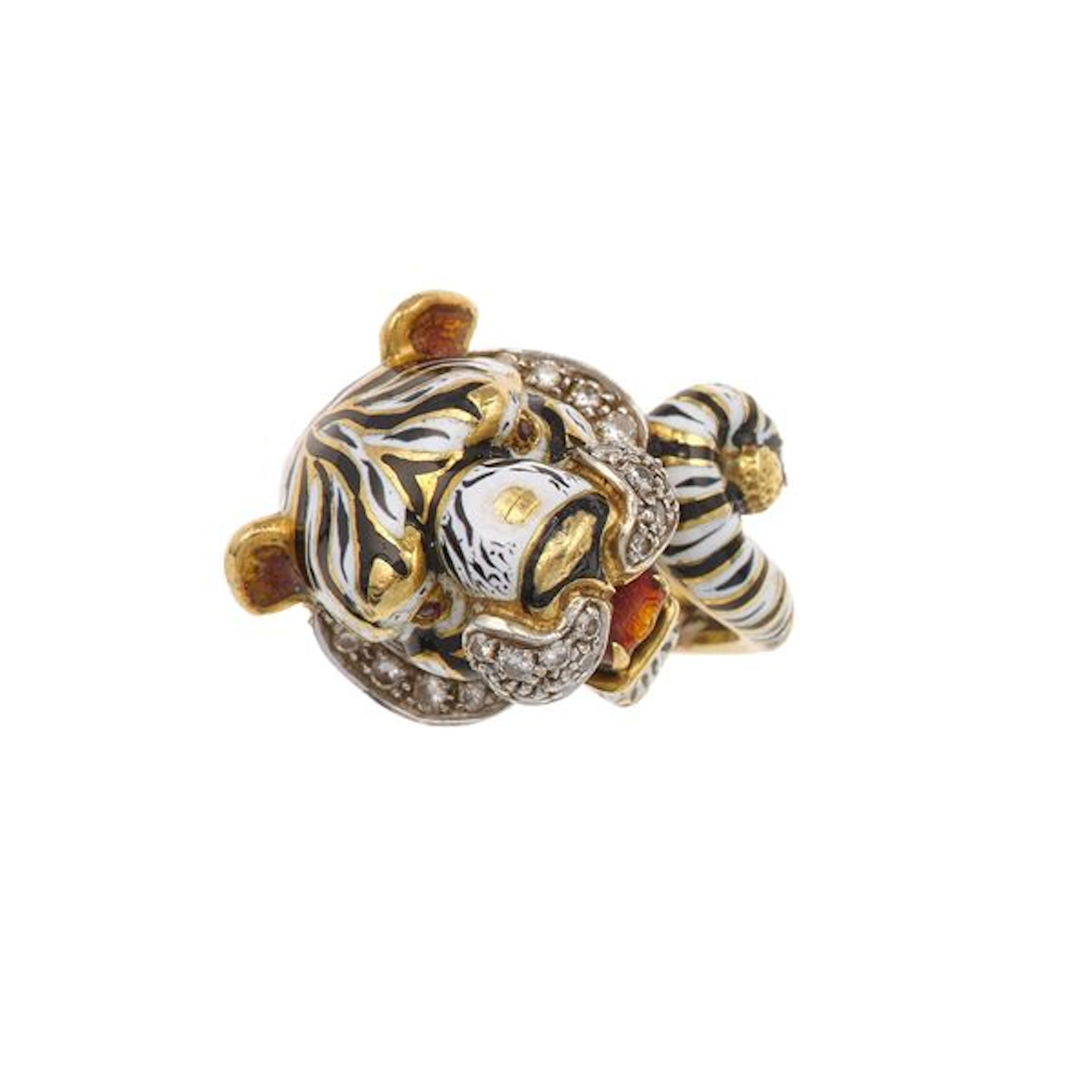 Enamel, diamond and gold ring. Enamel damage