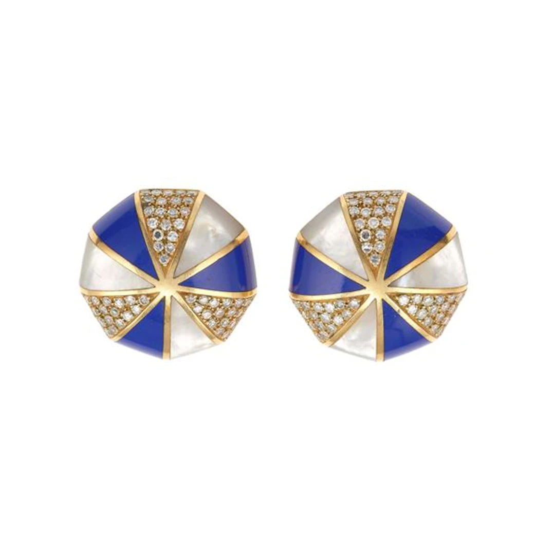 Pair of diamond, mother-of-pearl, enamel and gold earrings