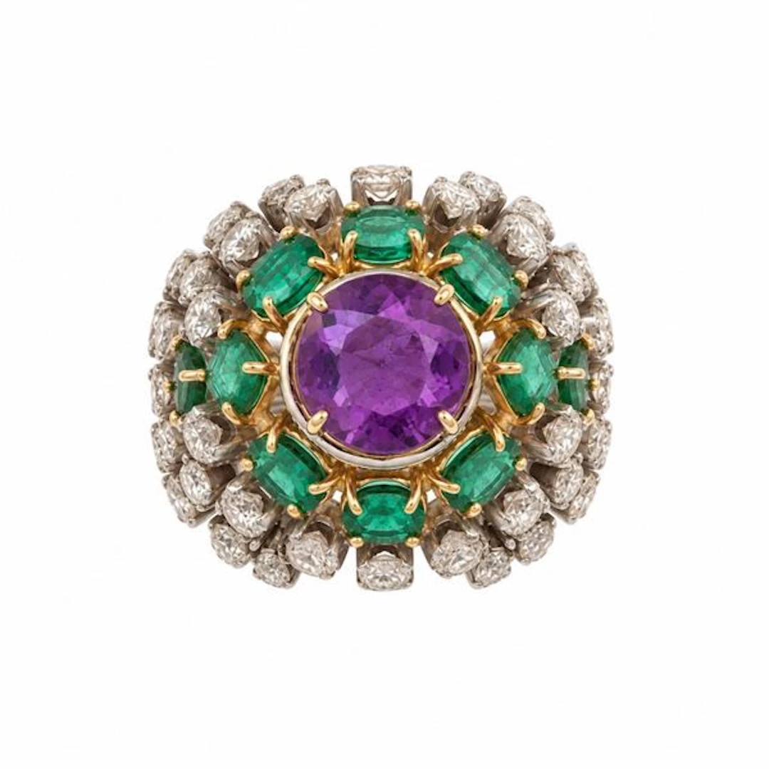 Amethyst, emerald, diamond and gold ring