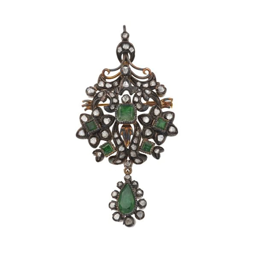 Rose-cut diamond, emerald, silver and low-karat gold brooch