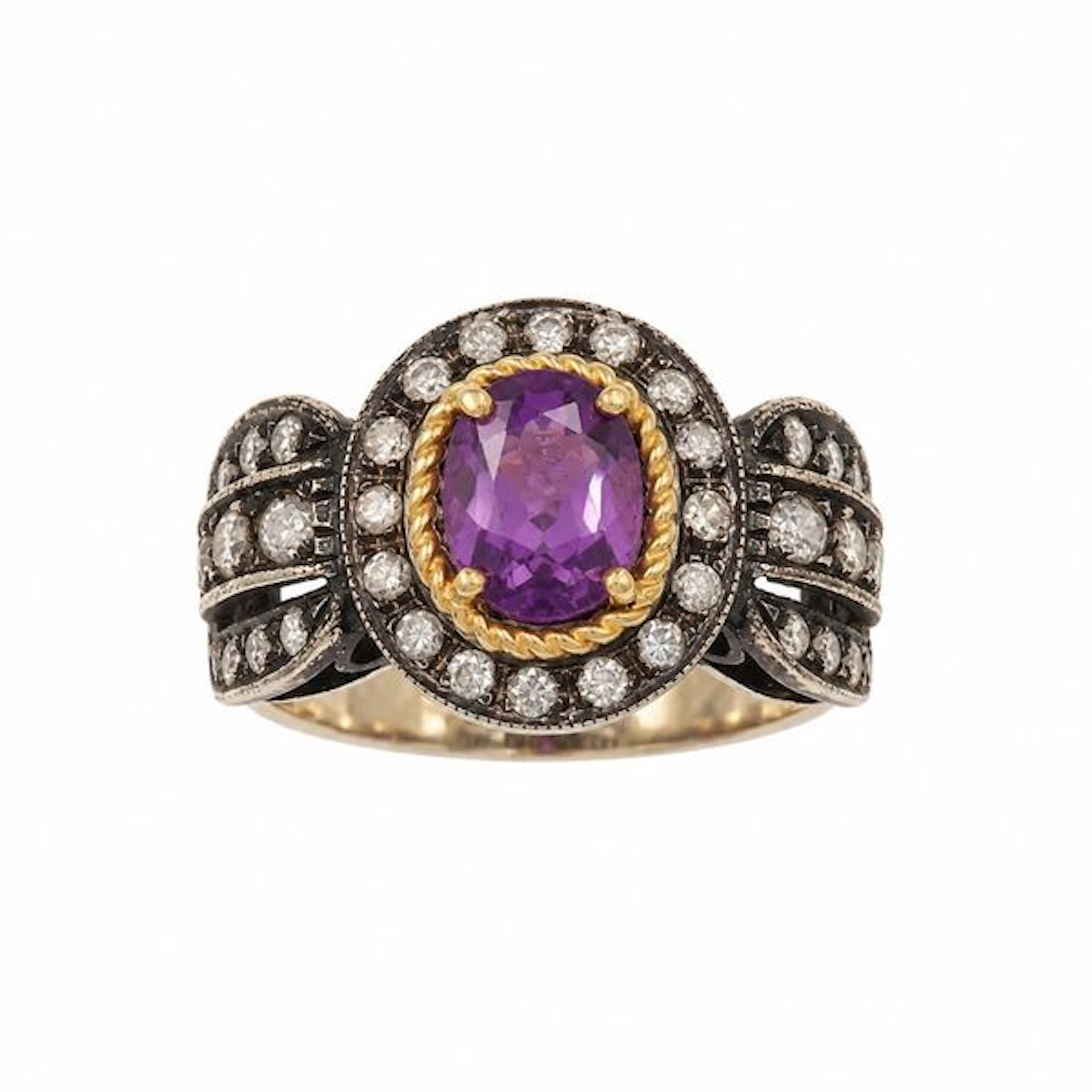 Amethyst, diamond and gold ring