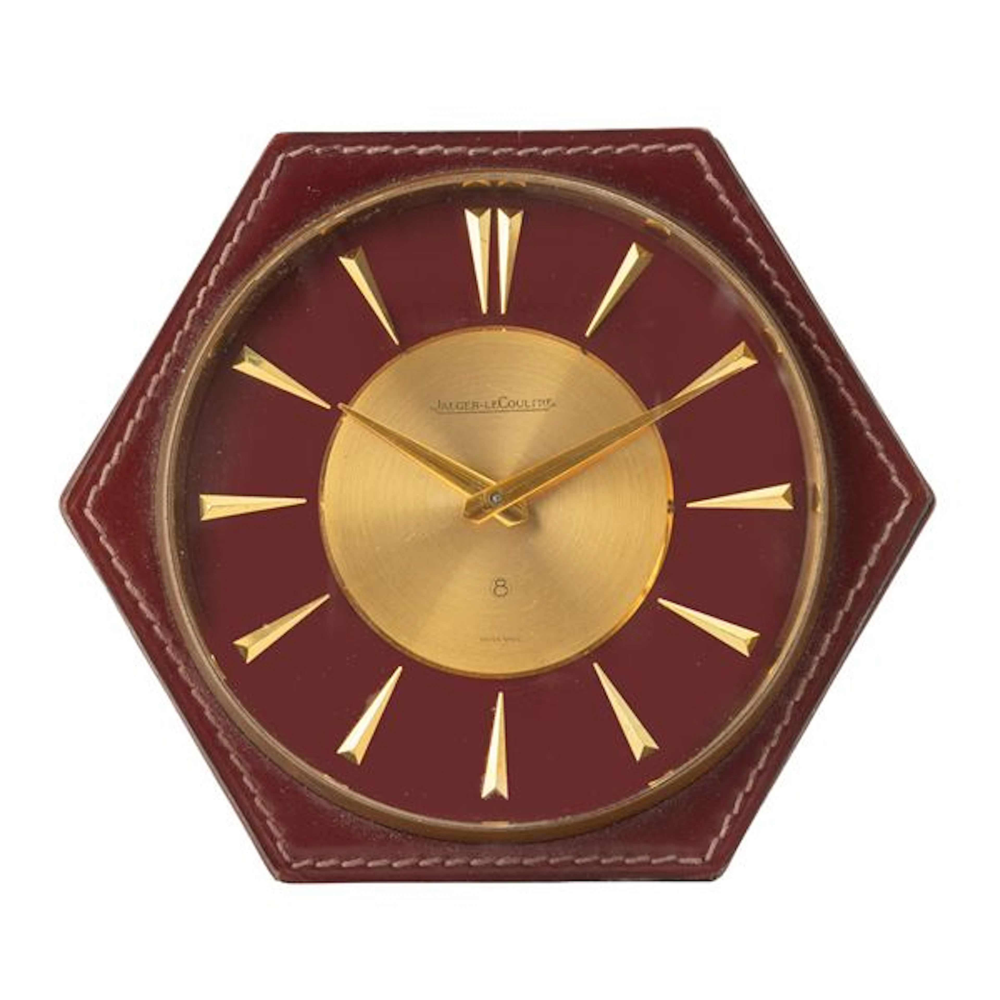 Orologio da tavolo esagonale in ottone e pelle, quadrante bitonale