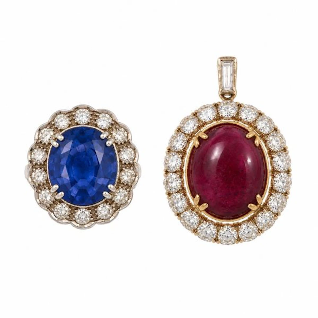 Synthetic sapphire and diamond ring and treatmen ruby and diamnd pendant