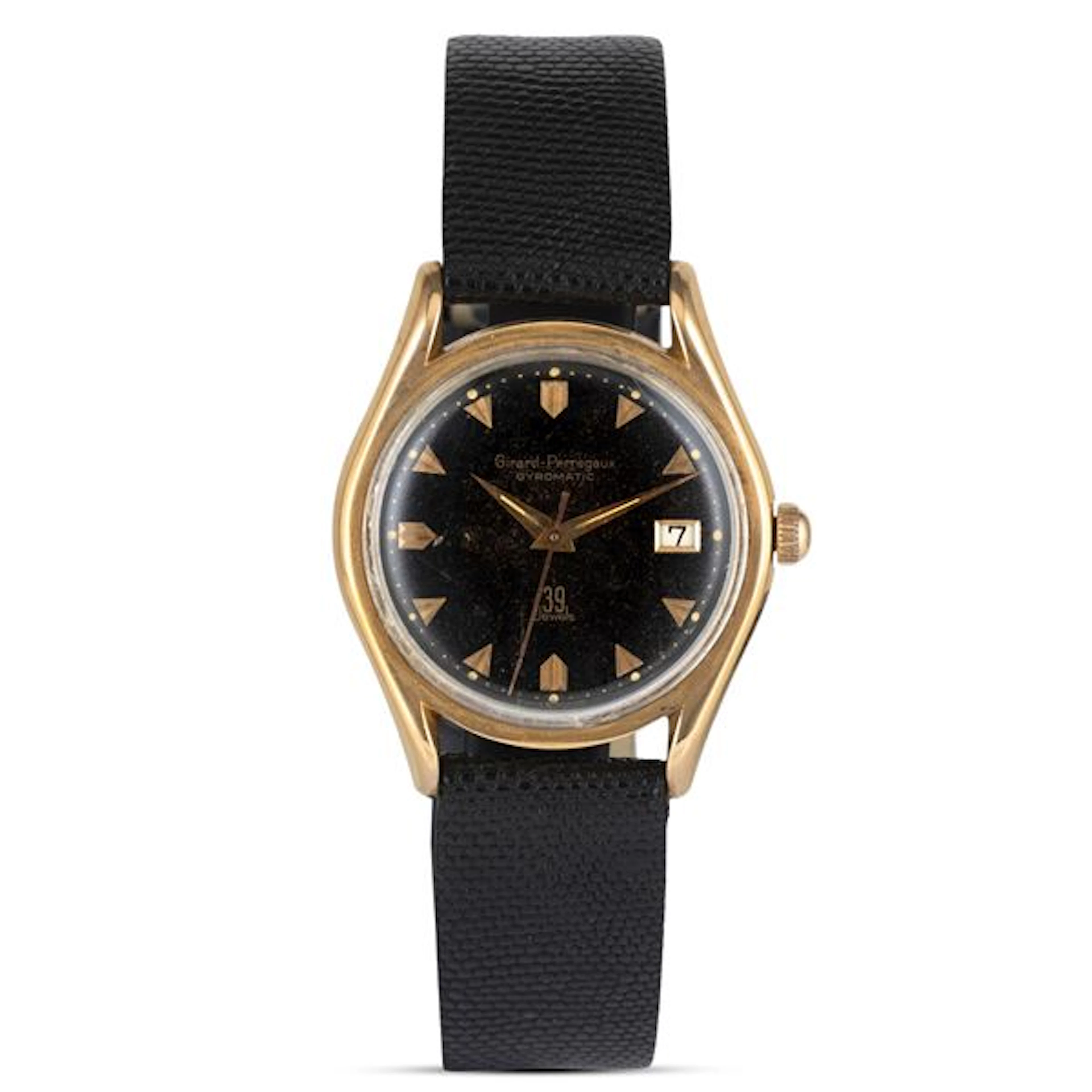 Gyromatic in oro giallo 18k, quadrante nero virato con indici a freccia