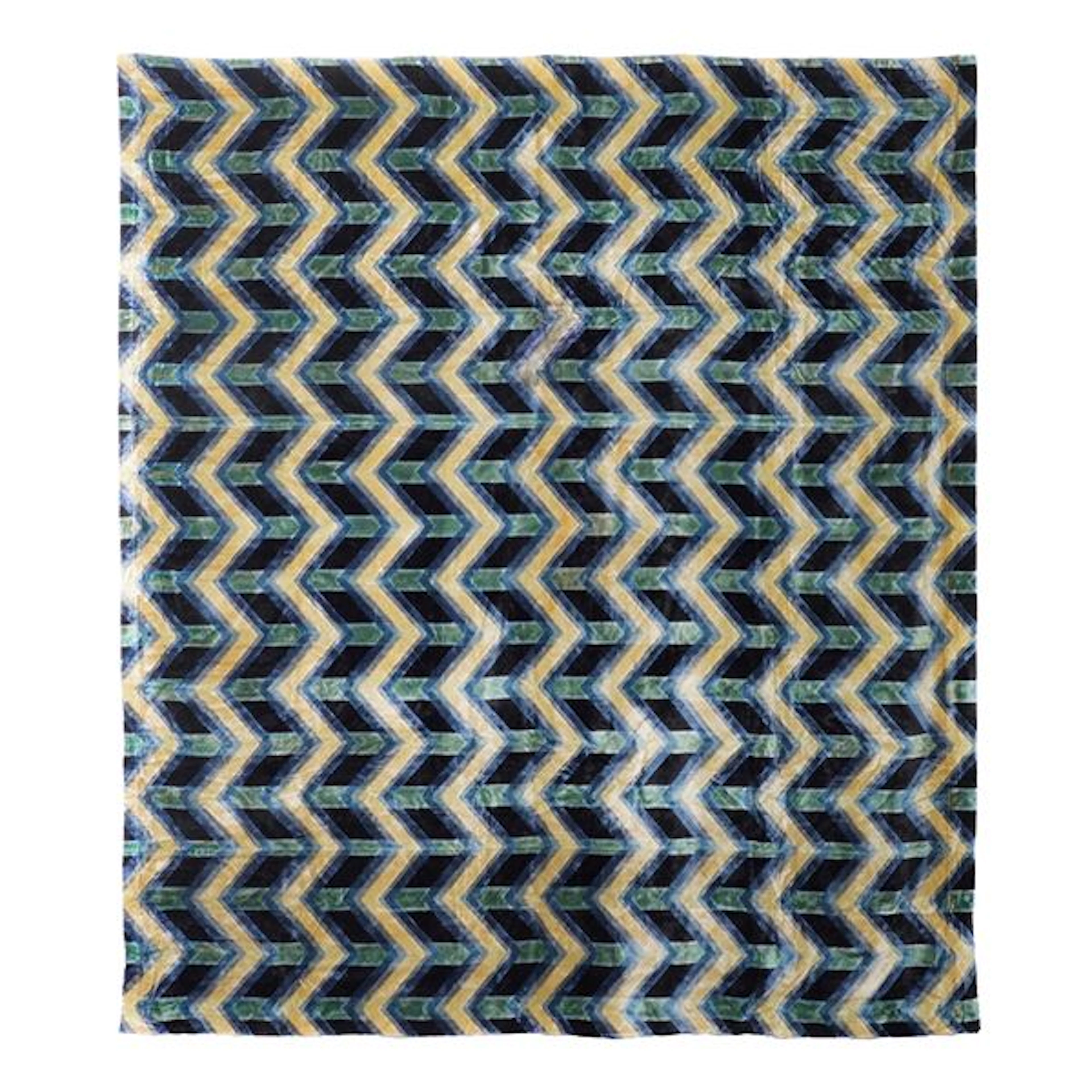 Tessuto in velluto blu con zigzag gialli ed azzurri