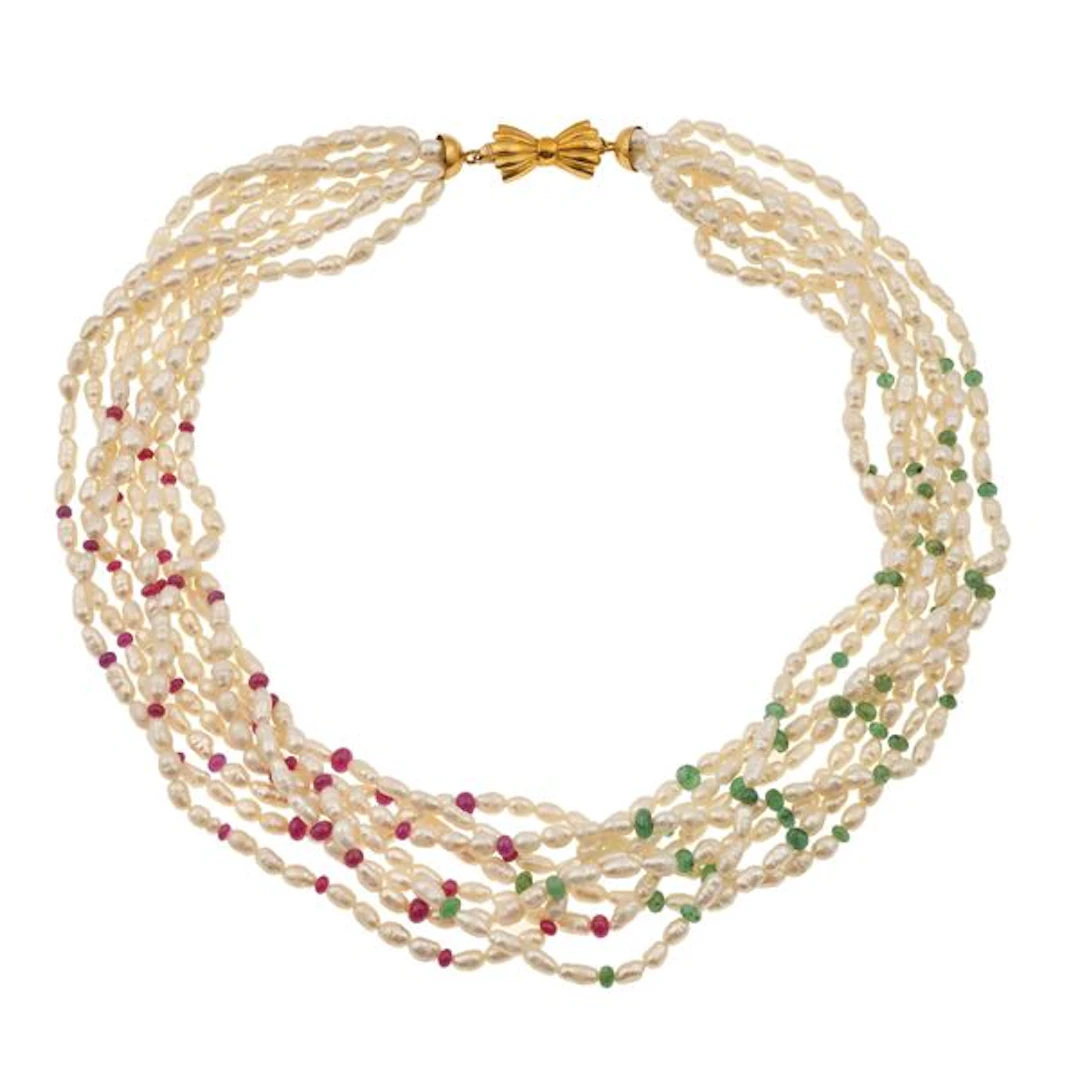 Freshwater pearl, ruby, emerald and gold necklace