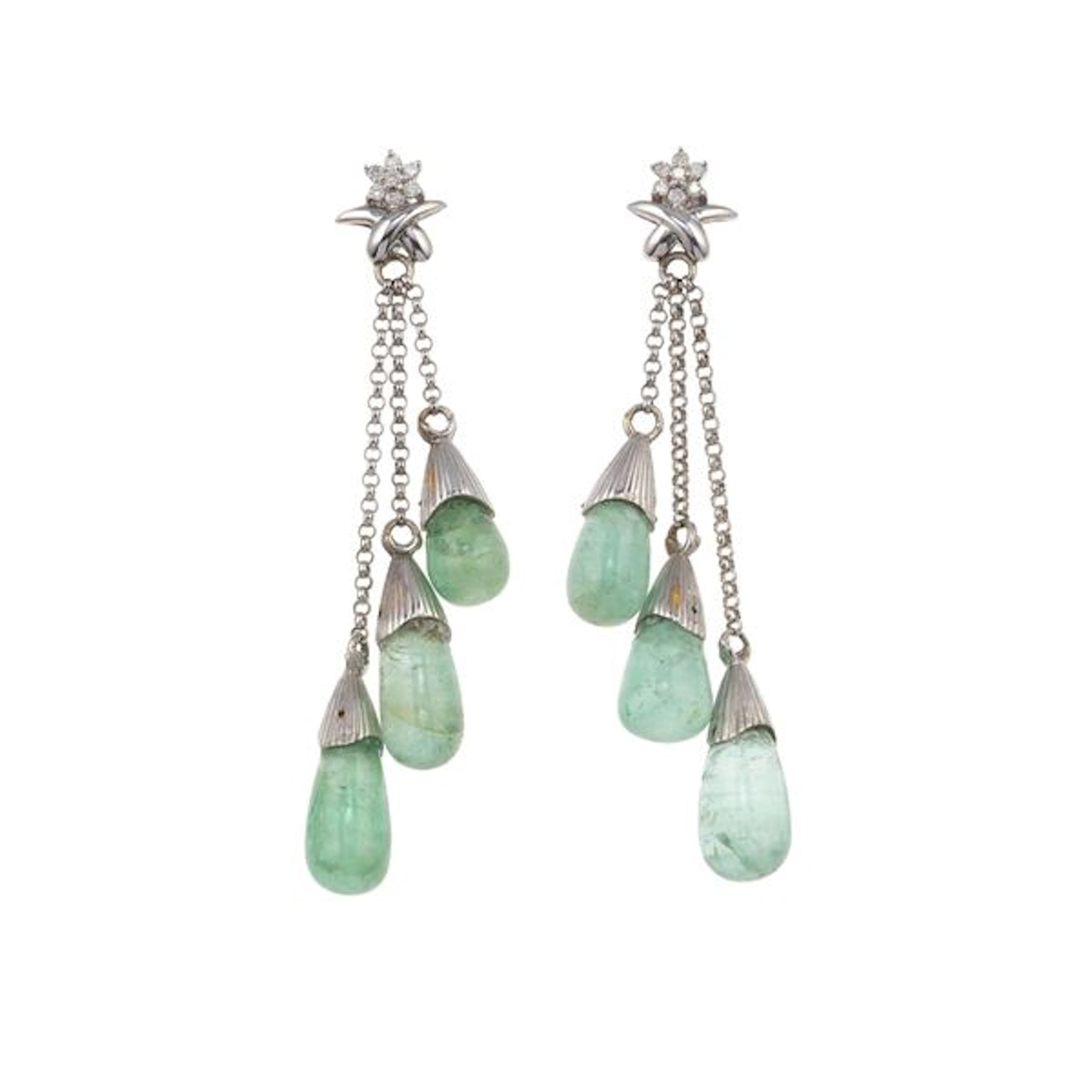 Pair of emerald, diamond and gold earrings