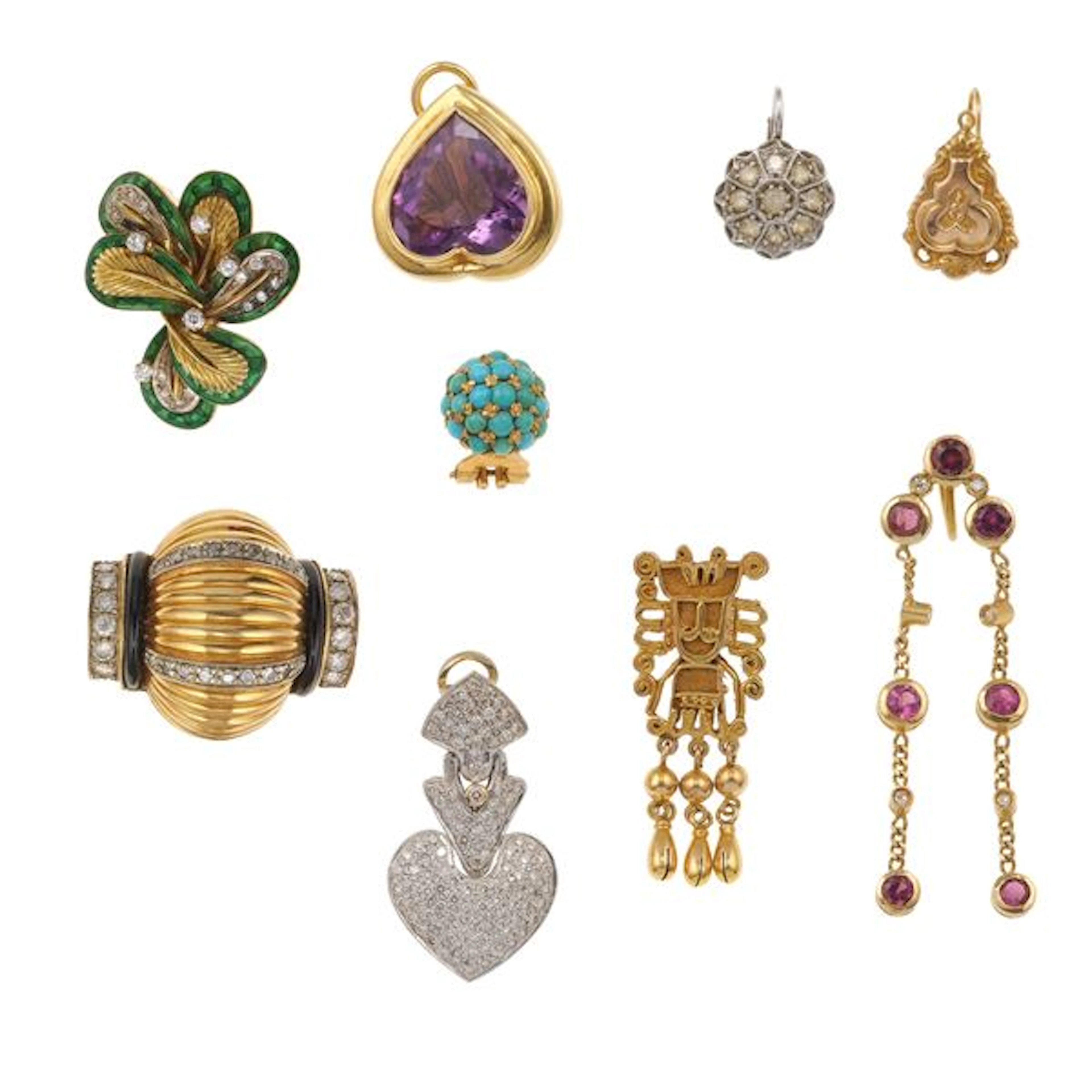 Nine gold, low-karat gold, enamel and gemstones earrings