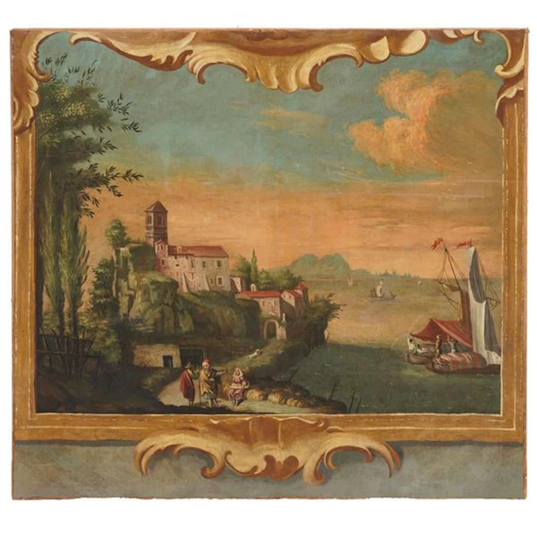 Scuola del XVIII secolo Veduta costiera con personaggi e architetture