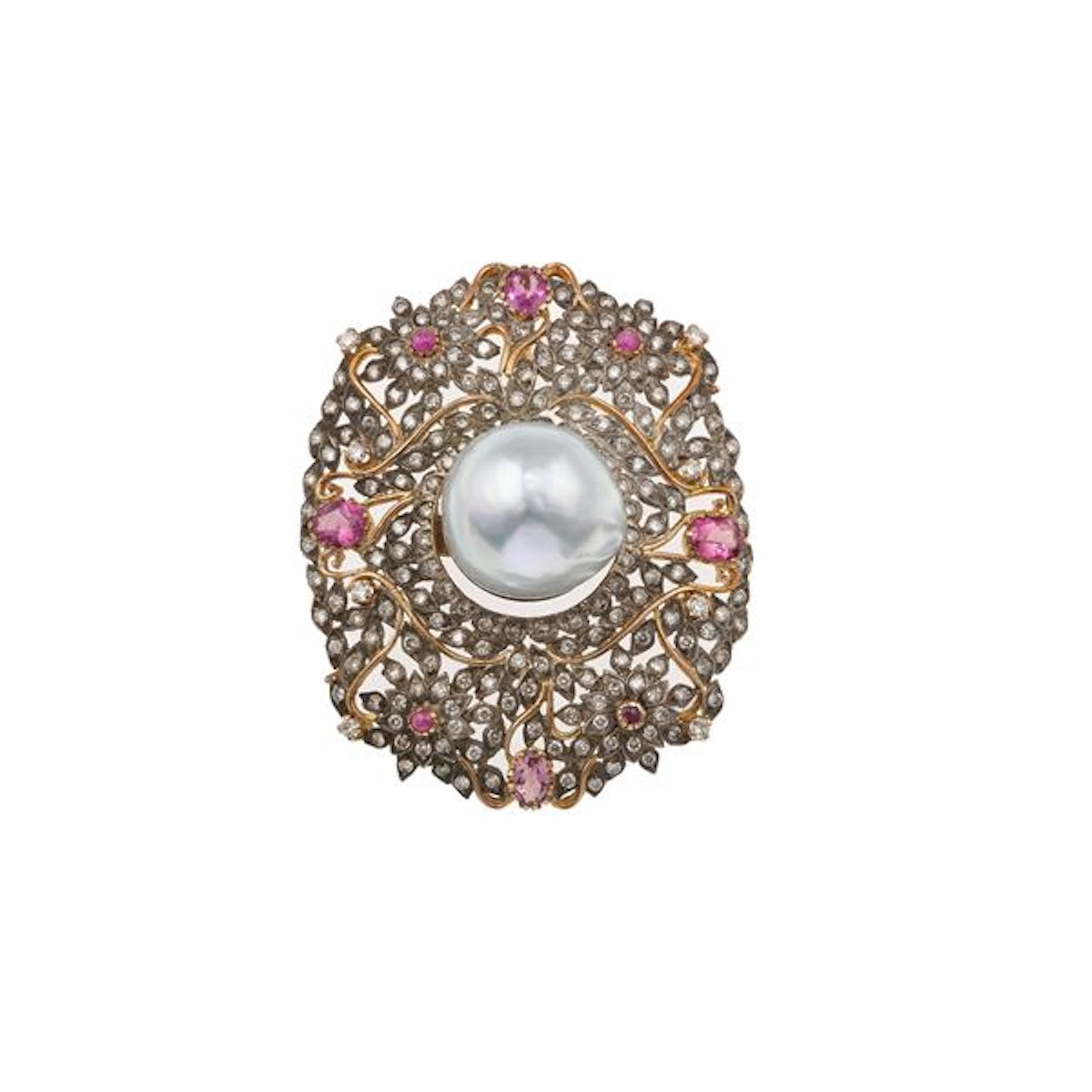 Cultured pearl, ruby, diamond and gold pendant