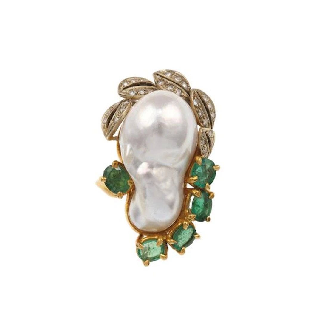 Baroque pearl, emerald and diamond ring