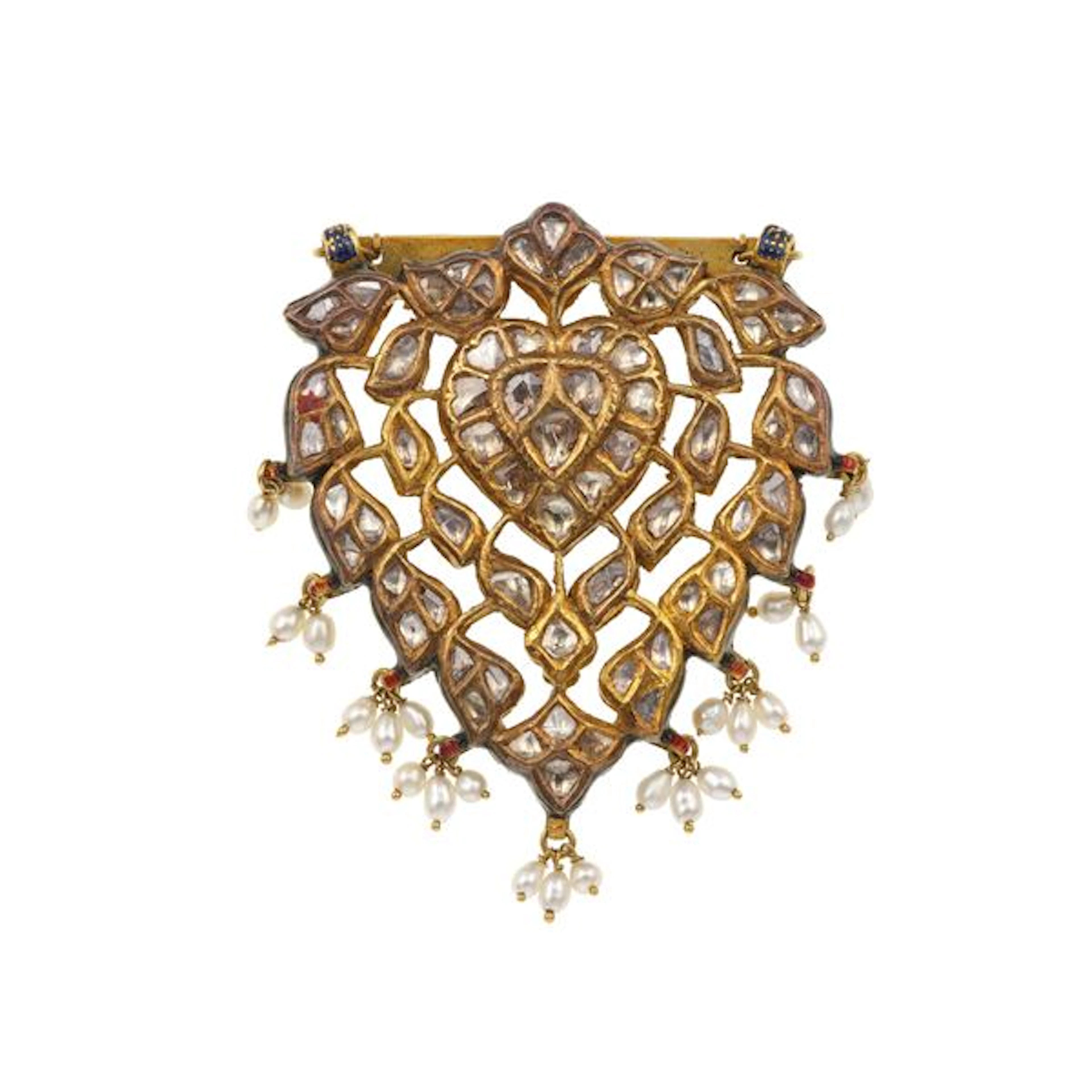 Enamel, flat diamond, pearl and wax gold brooch