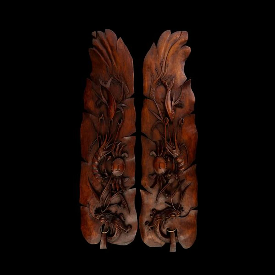 Pair of wooden panels with naturalistic relief motifs, China, Qing