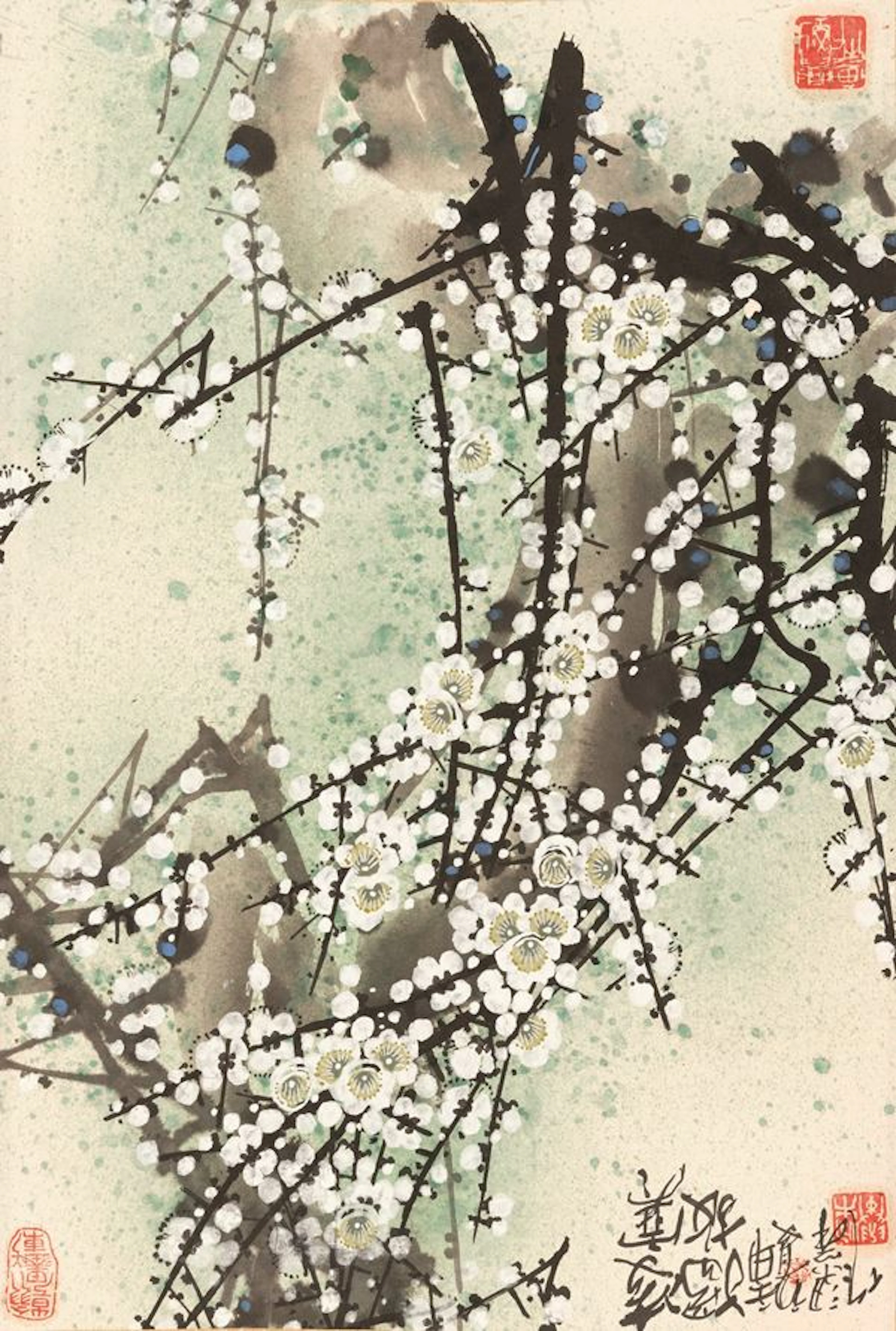 Scroll with naturalistic decoration with cherry branches and flowers