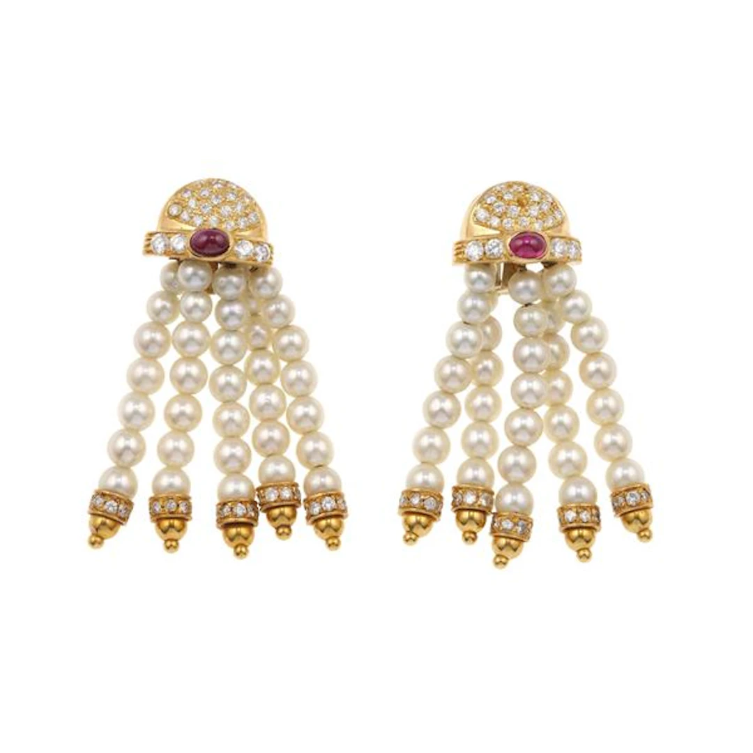 Pair of Akoya pearl, ruby, diamond and gold earrings. One missing diamond