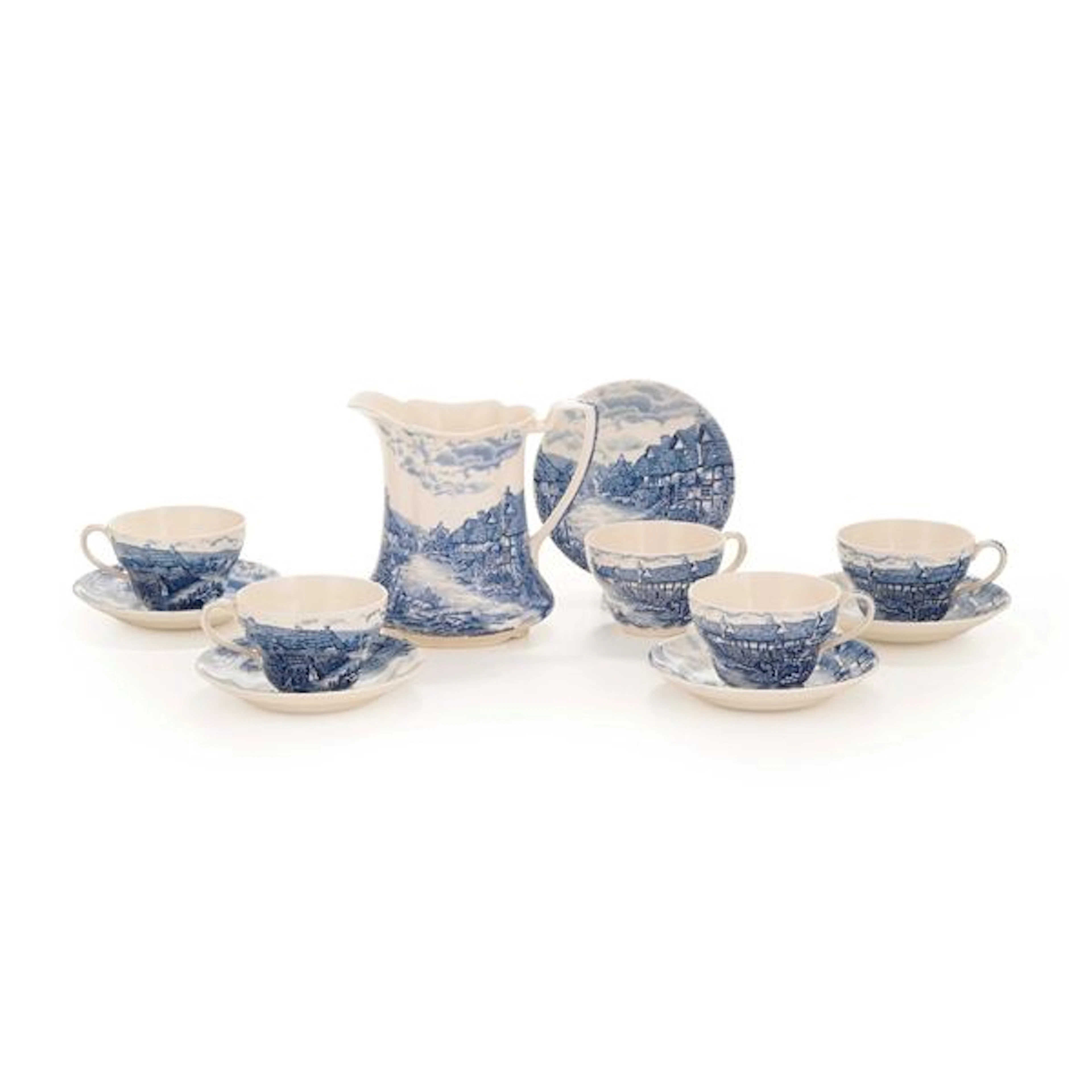 Brocca e cinque tazze con piattino in ceramica. Inghilterra, Johnson Bros