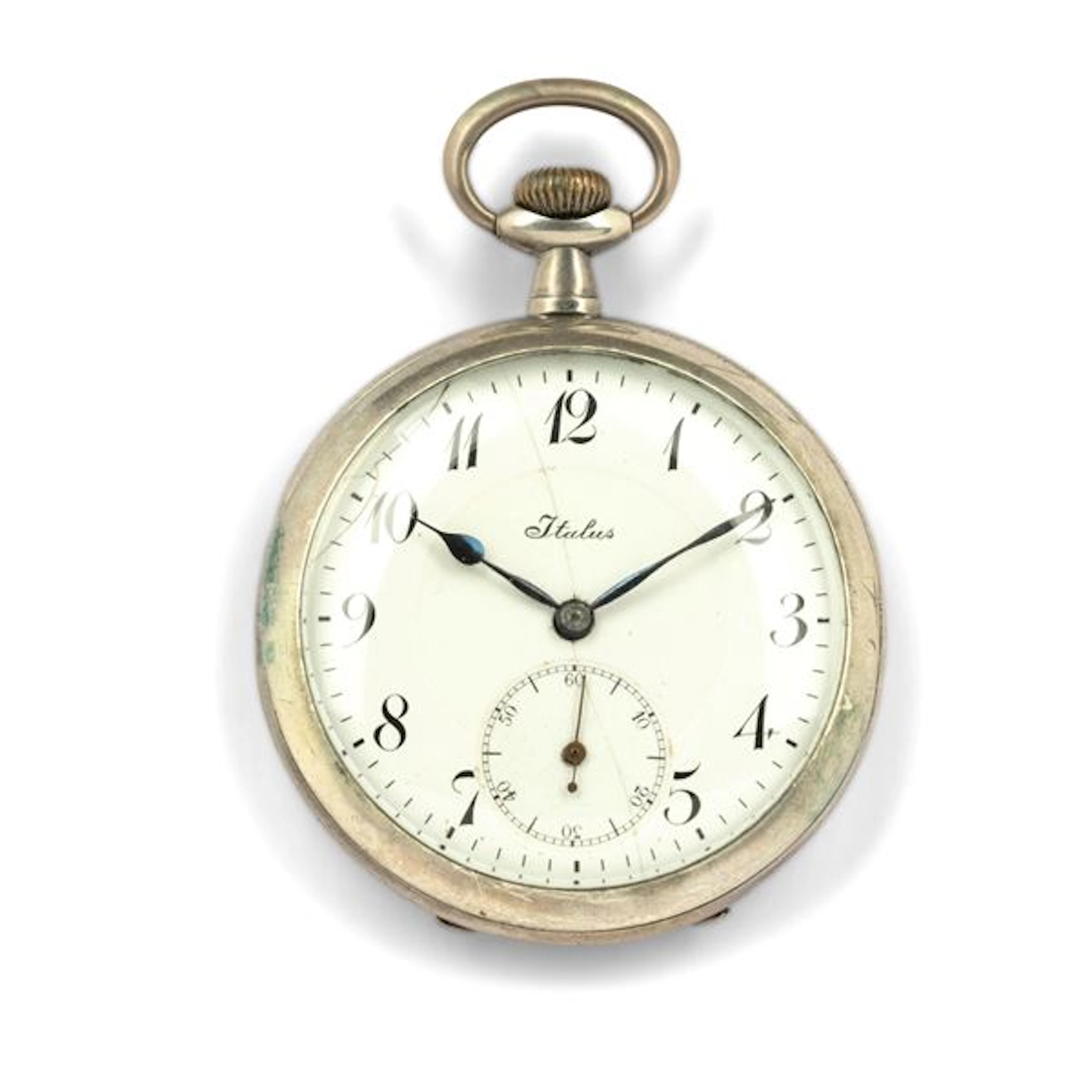 Orologio da tasca in argento, quadrante bianco con numeri Arabi e