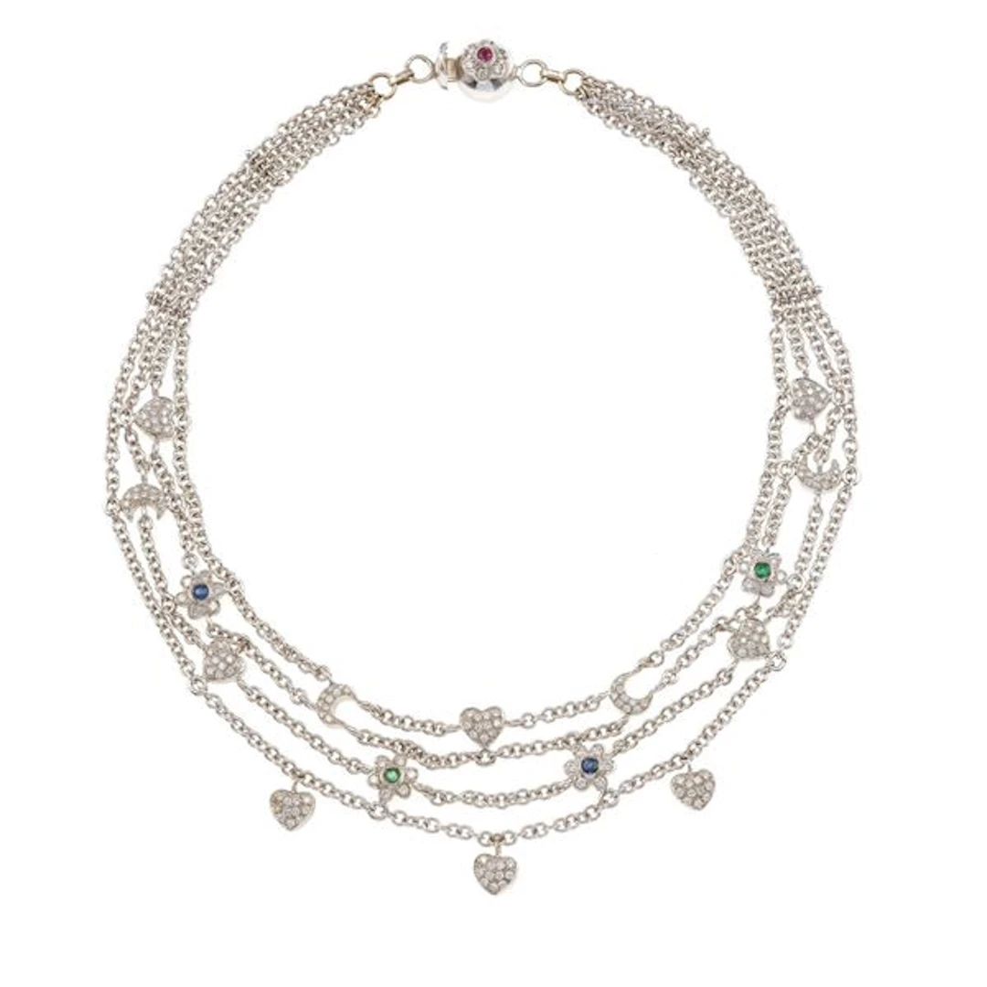 Diamond, emerald, sapphire and gold necklace
