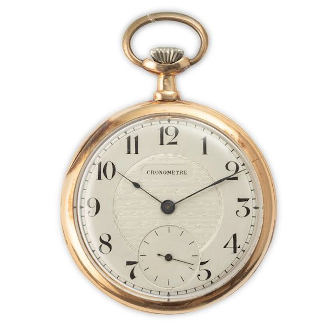 Orologio da tasca in oro giallo 18k, quadrante argentè guillochè