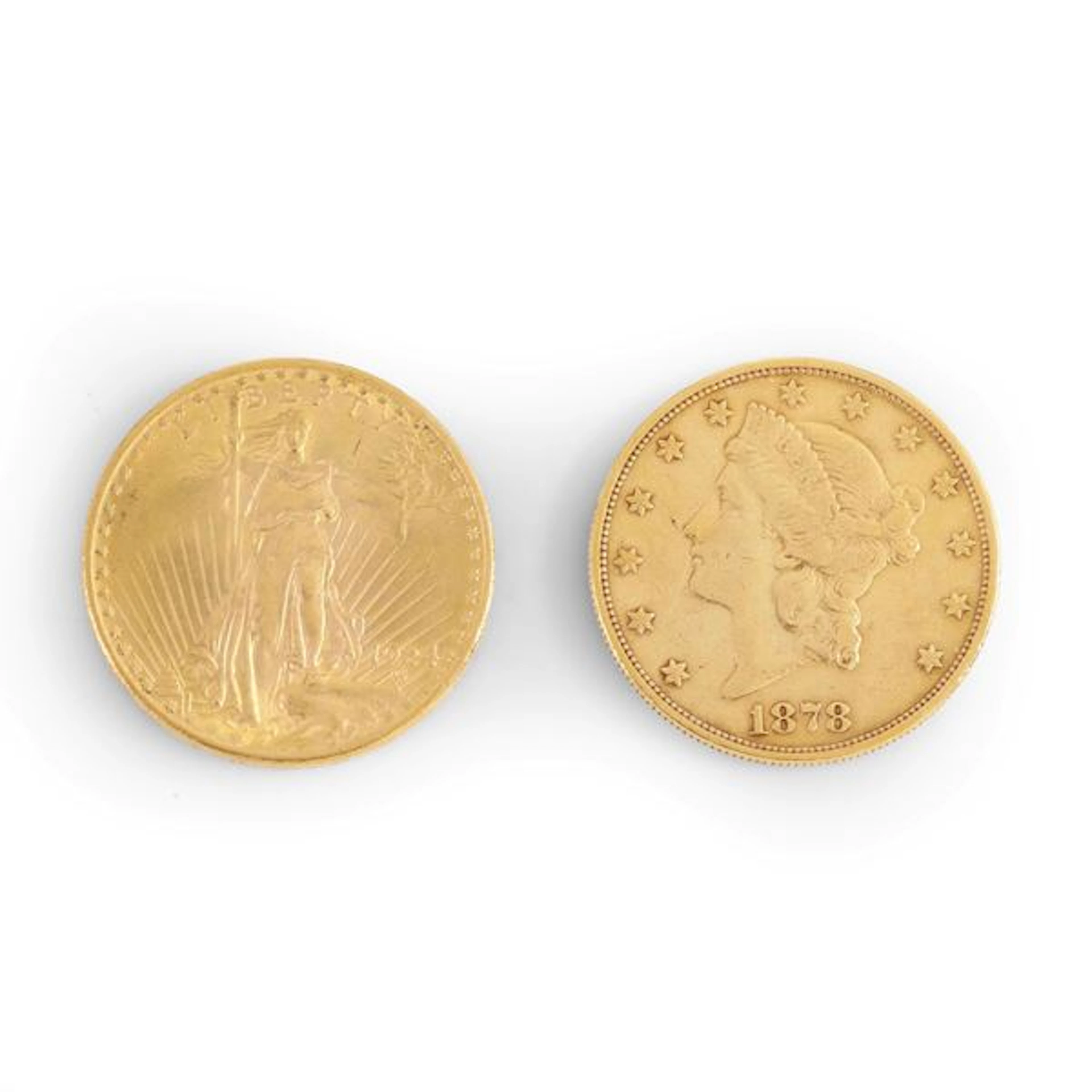 Due monete da 20 dollari in oro, 1878 e 1924