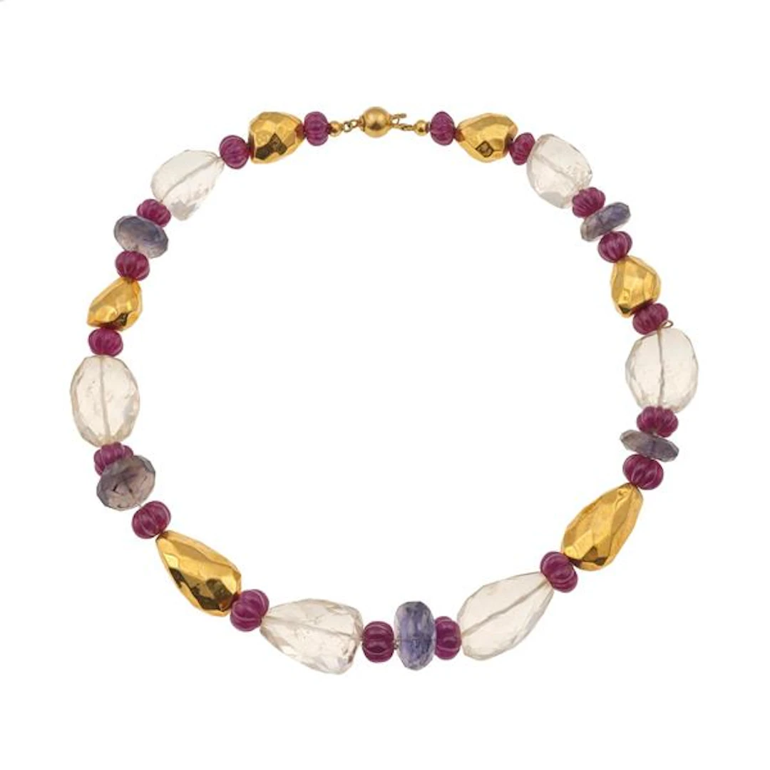 Rock crystal, carved ruby, iolite and gold necklace