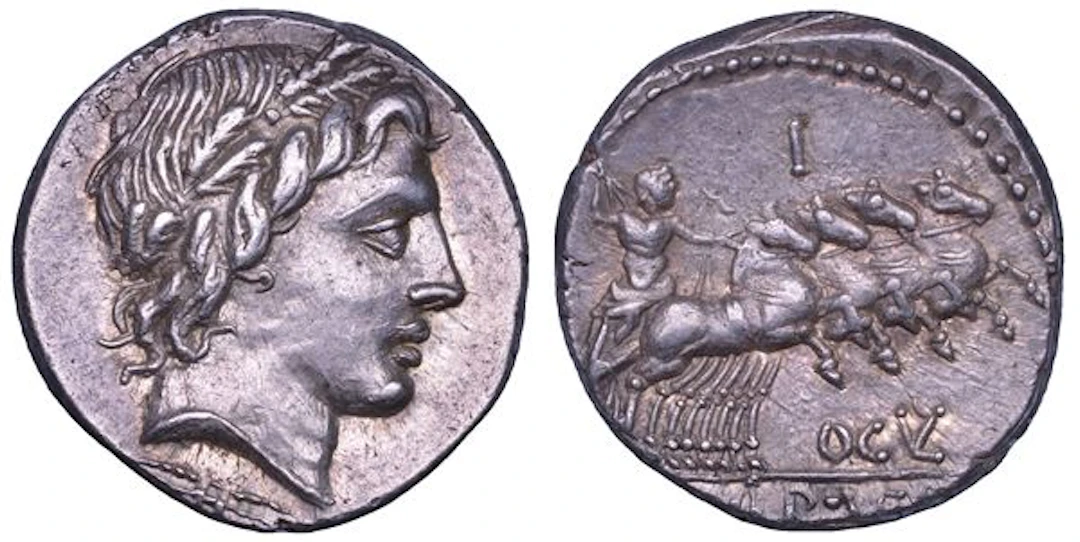 OGULNIA. Ogulnius, Gargilius, e Vergilius, 86 a.C. Denario.