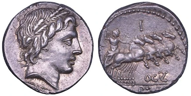 OGULNIA. Ogulnius, Gargilius, e Vergilius, 86 a.C. Denario.