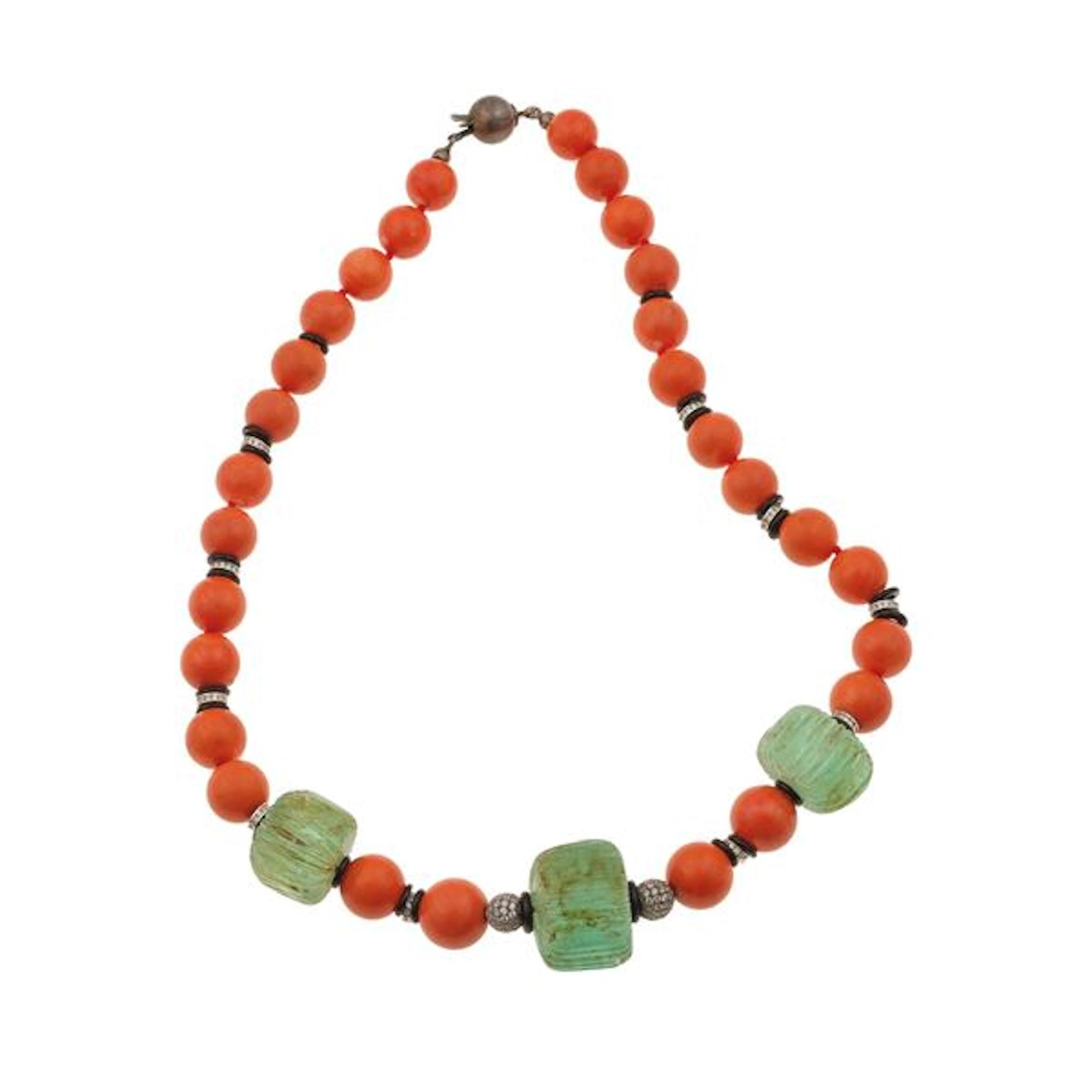 Coral, emerald, diamond, onyx, silver and gold necklace