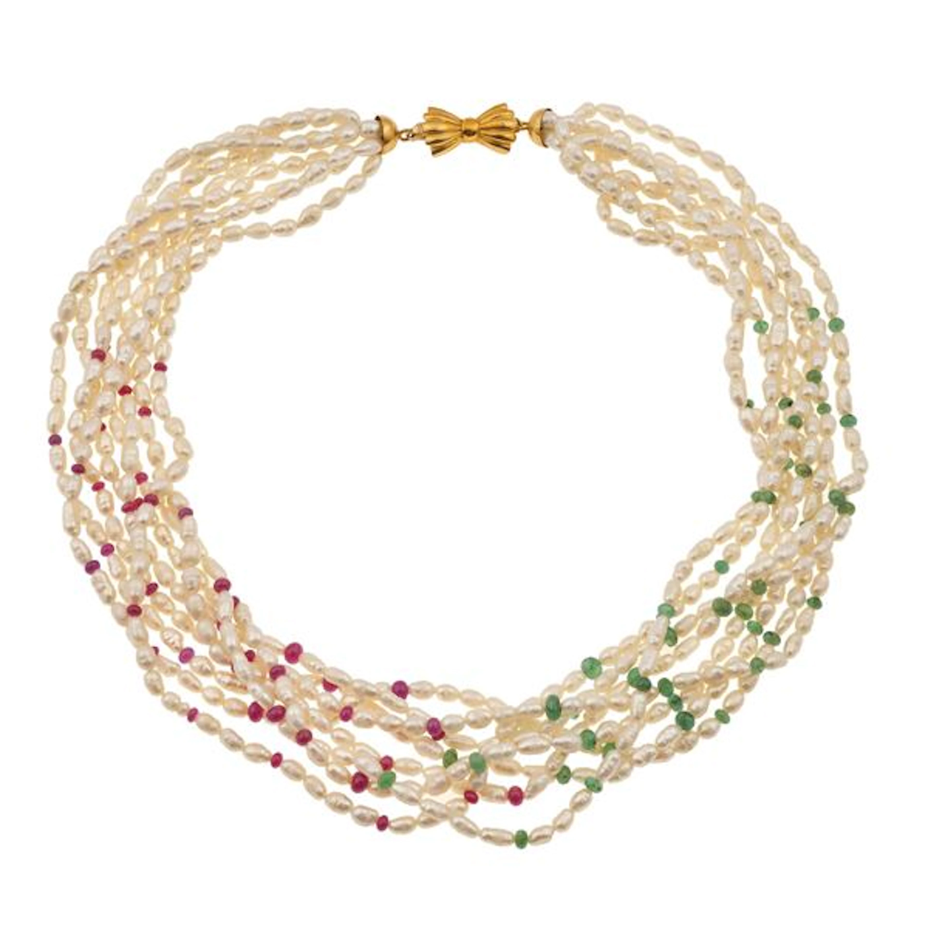Freshwater pearl, ruby, emerald and gold necklace