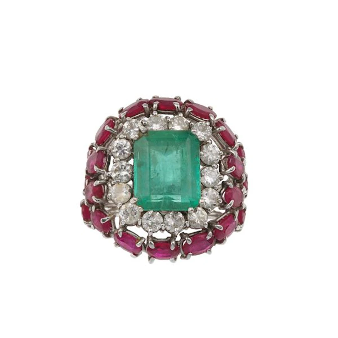 Emerald, ruby, diamond and gold ring