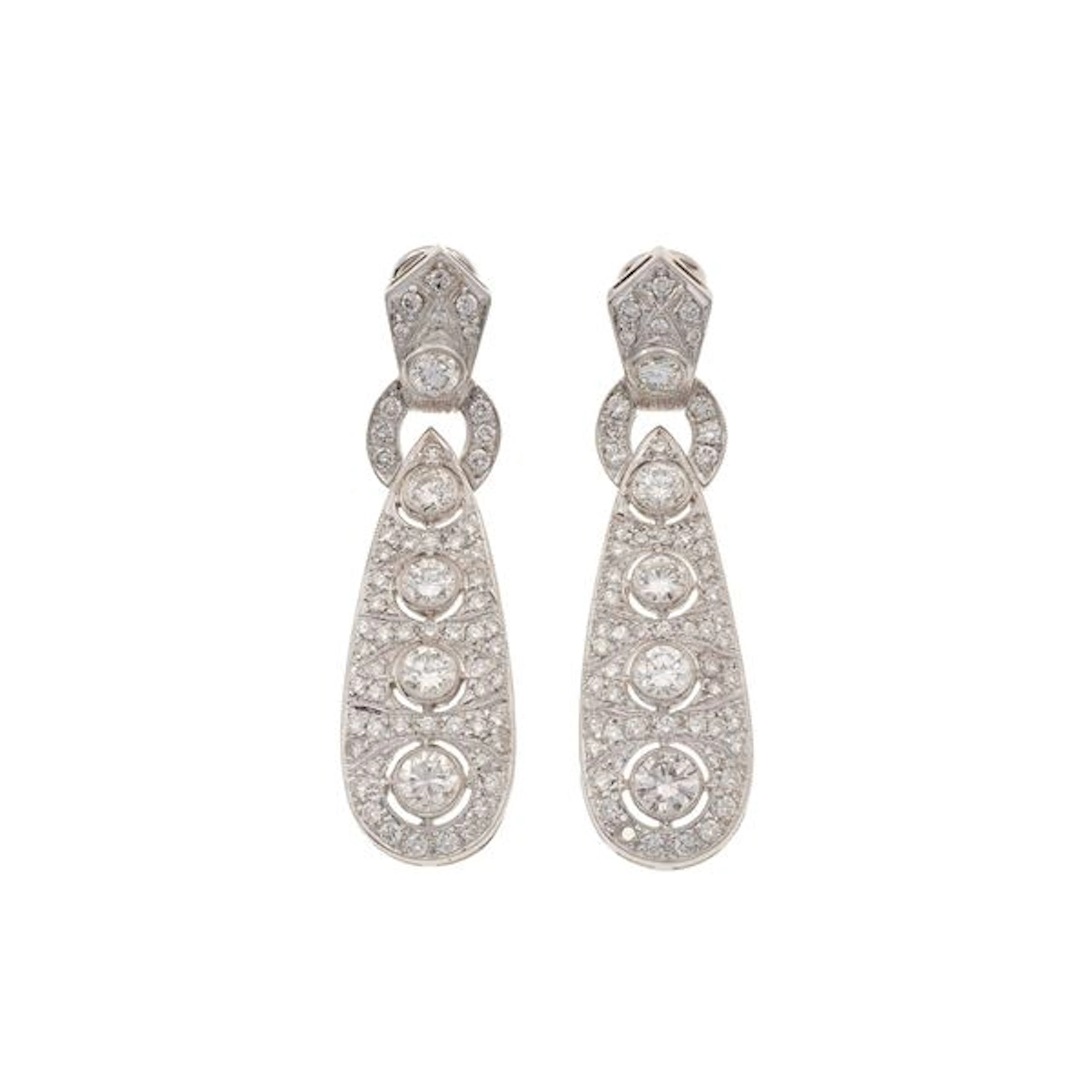 Pair of brilliant-cut diamond and gold earrings. One missing diamond