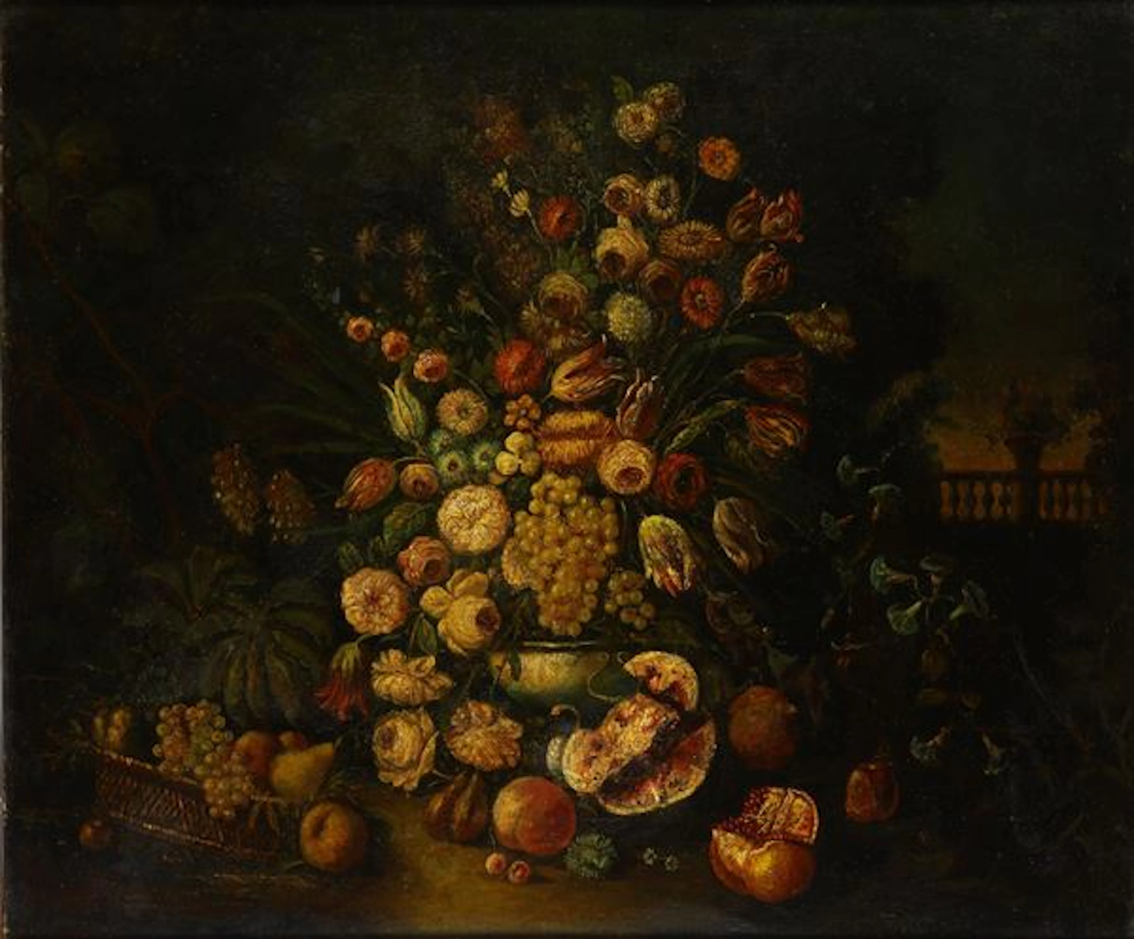 Scuola del XIX-XX secolo Natura morta con fiori e frutti