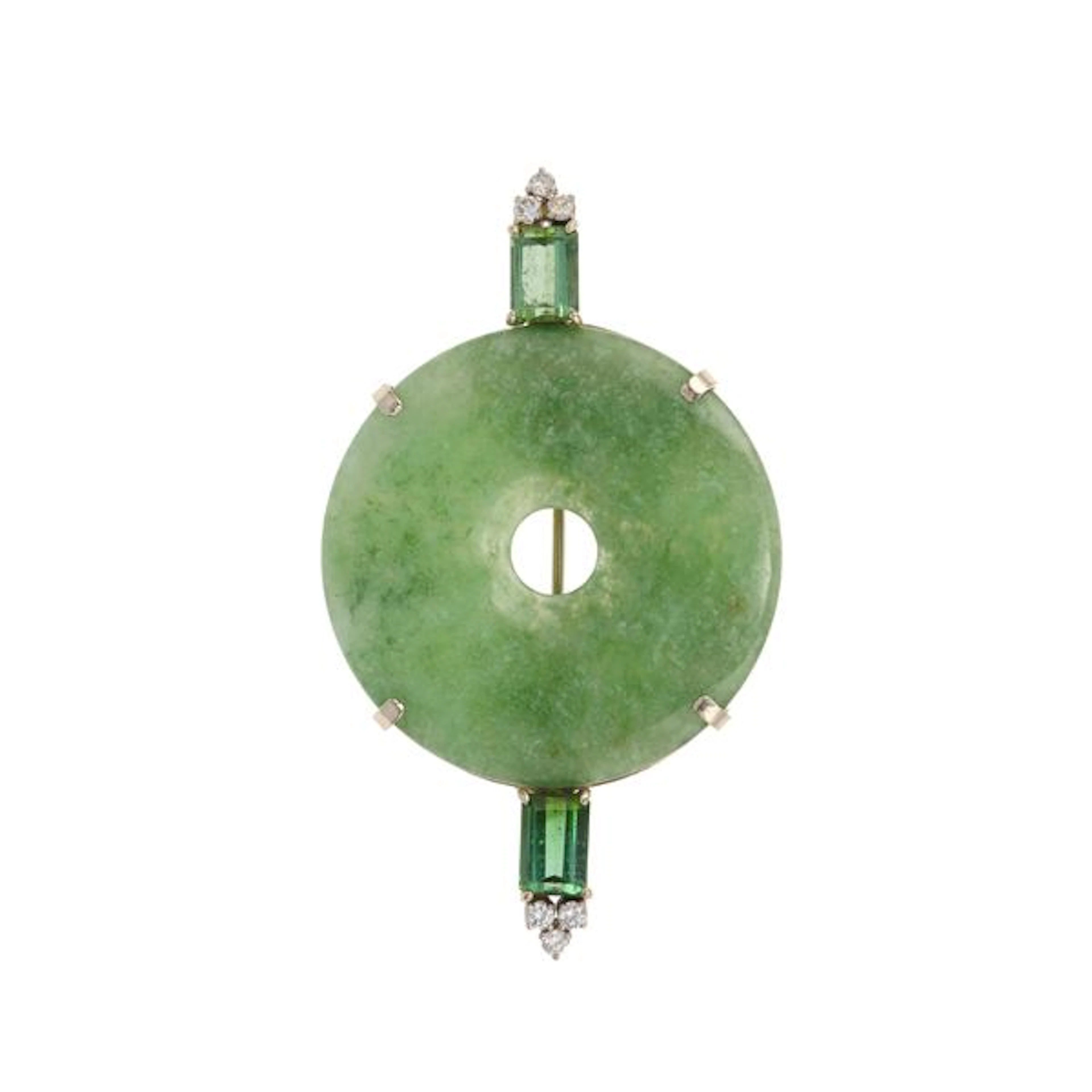 Jadeite, green glass, diamond and gold brooch