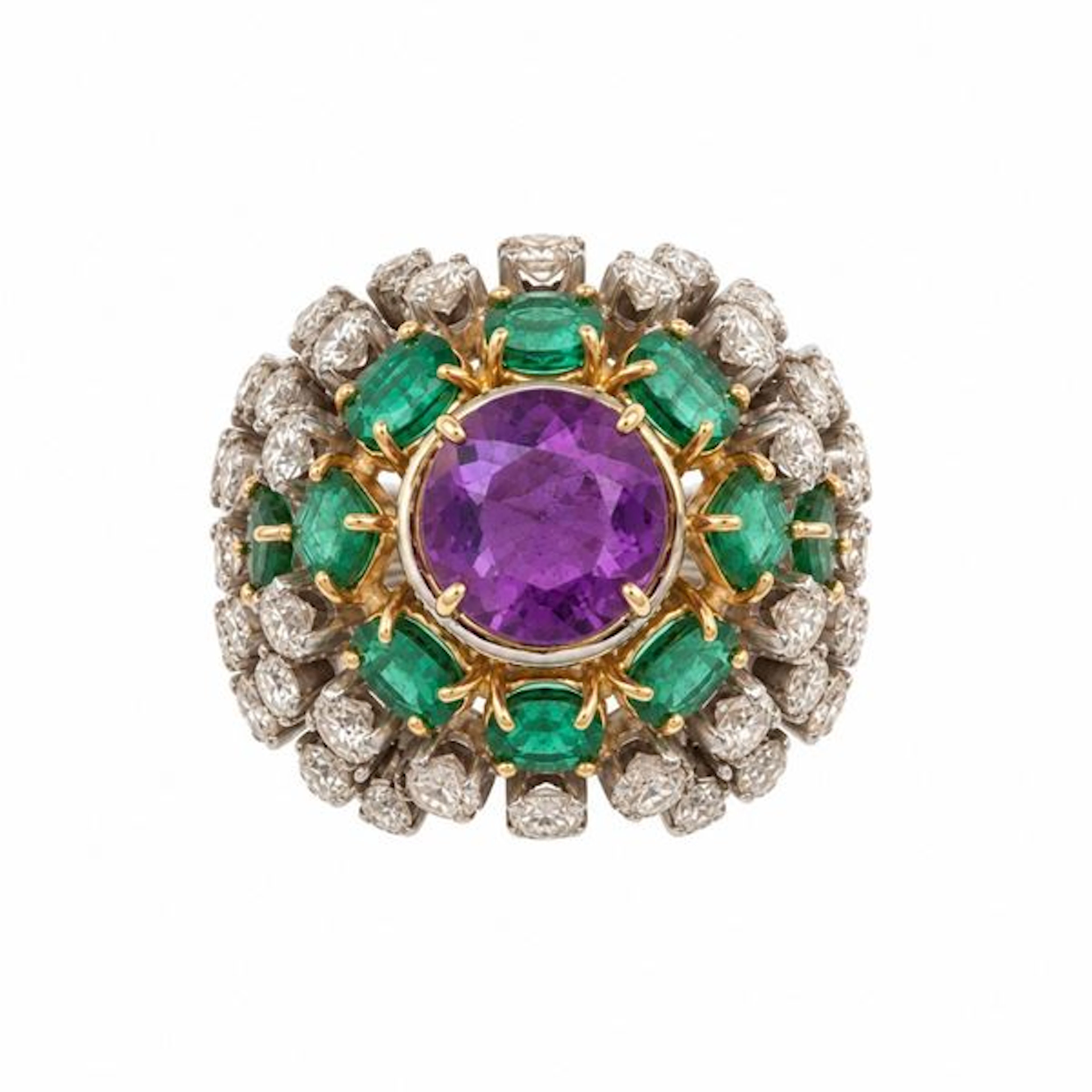 Amethyst, emerald, diamond and gold ring