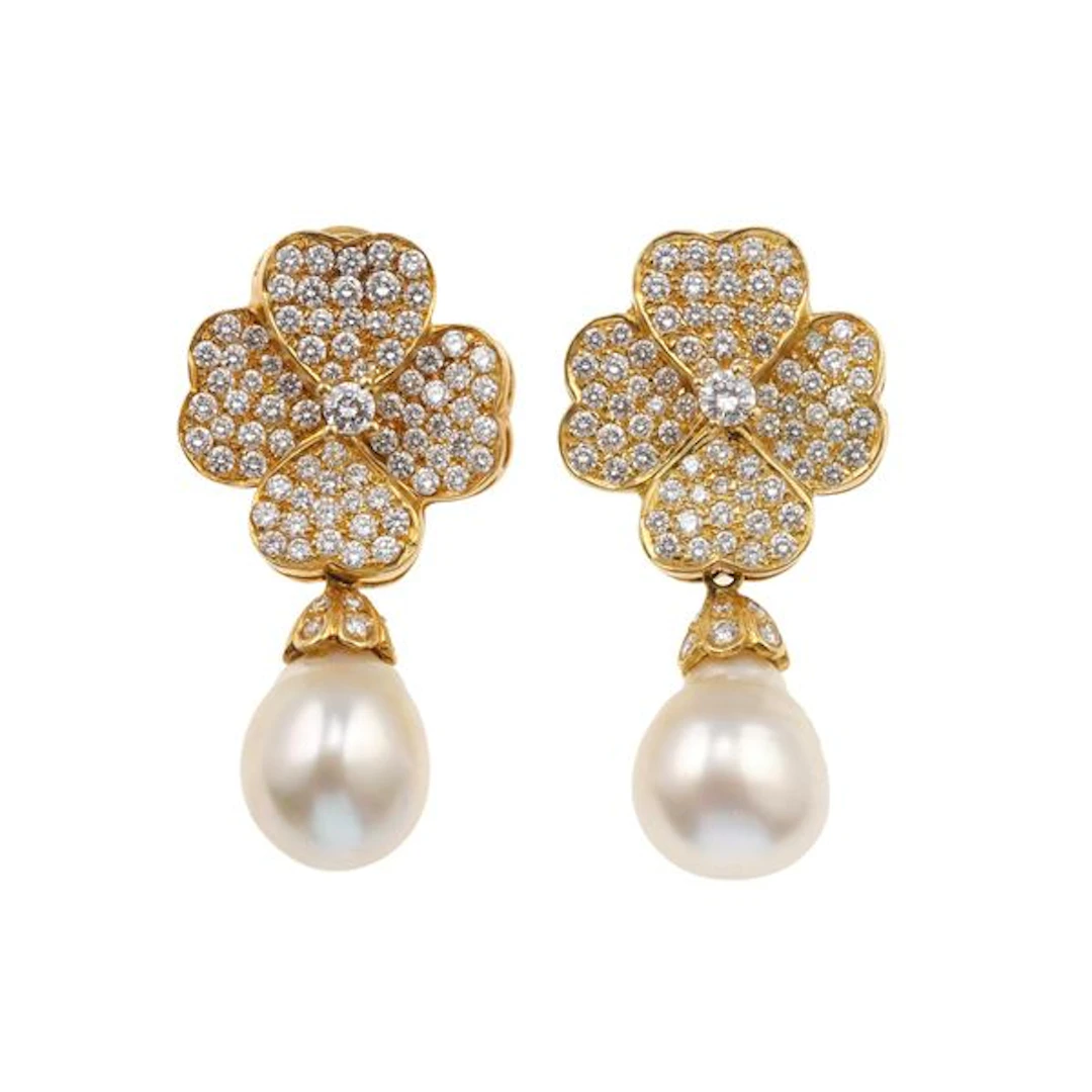 Pair of diamond, baroque pearl and gold earrings
