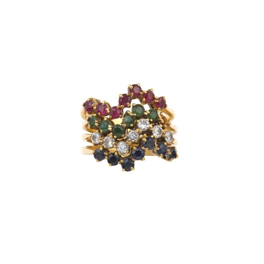 Ruby, emerald, sapphire, diamond and gold ring