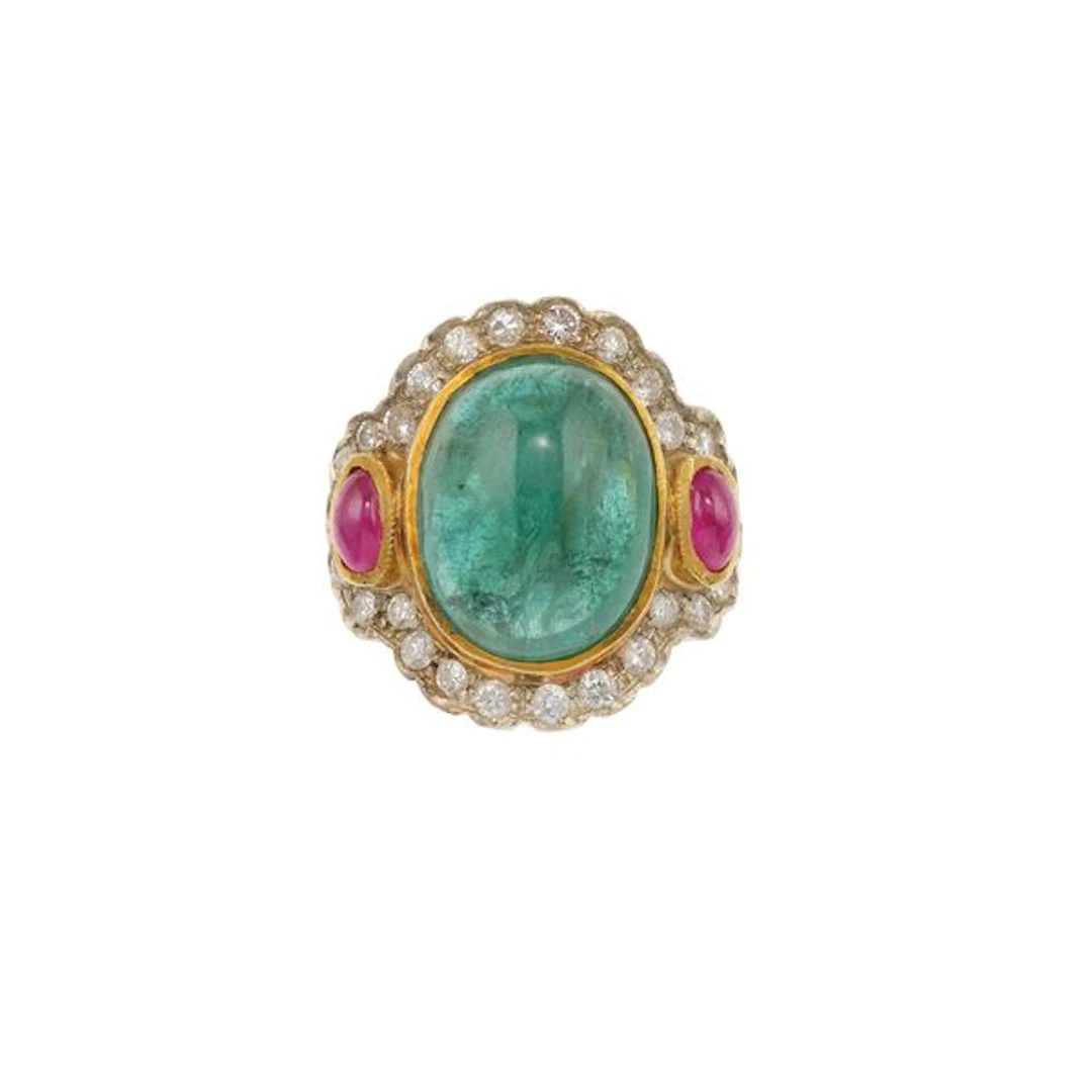 Emerald, ruby, diamond and gold ring