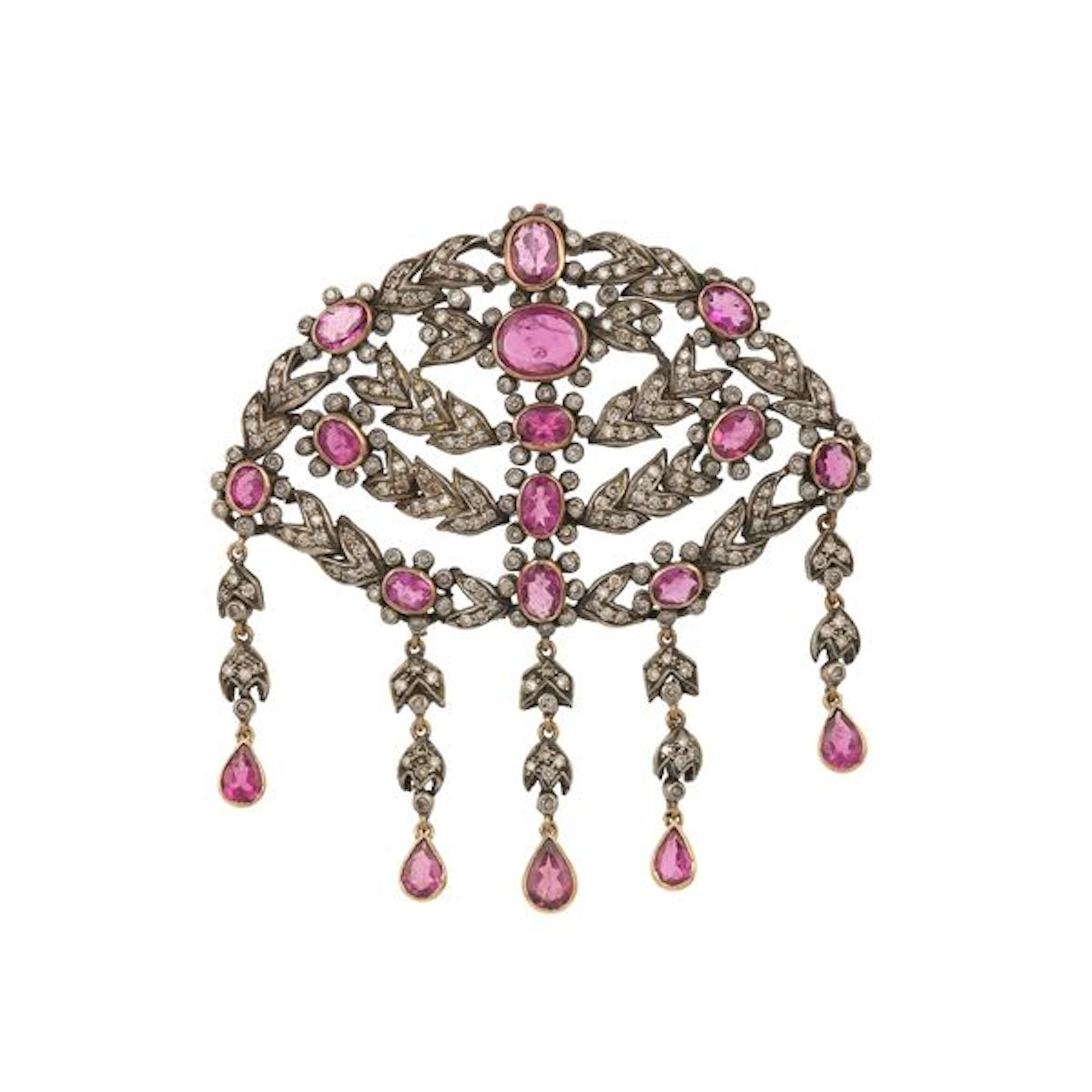 Ruby, diamond, low-karat gold and silver pendant. Damages