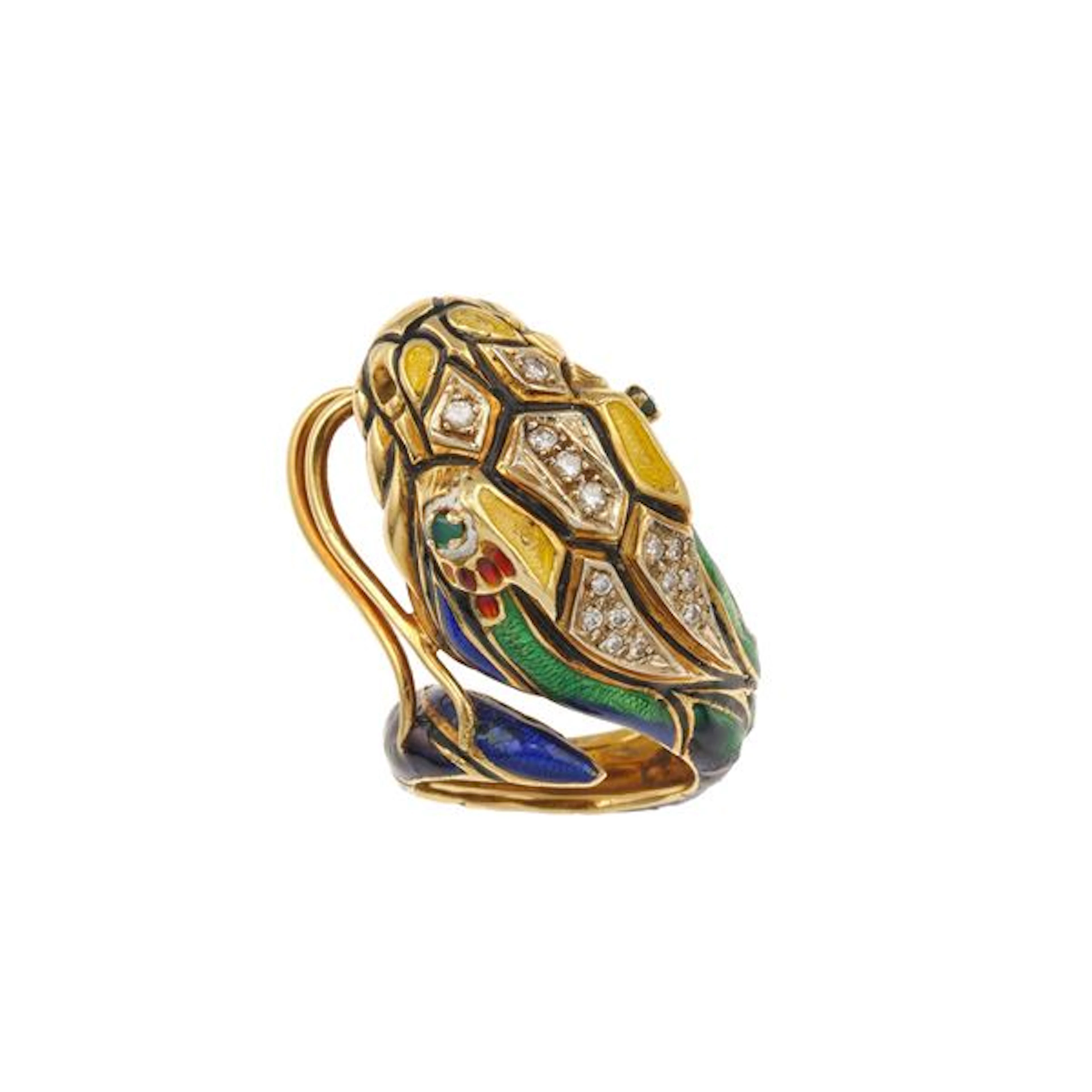Enamel, diamond, emerald and gold ring. Damage to the enamel