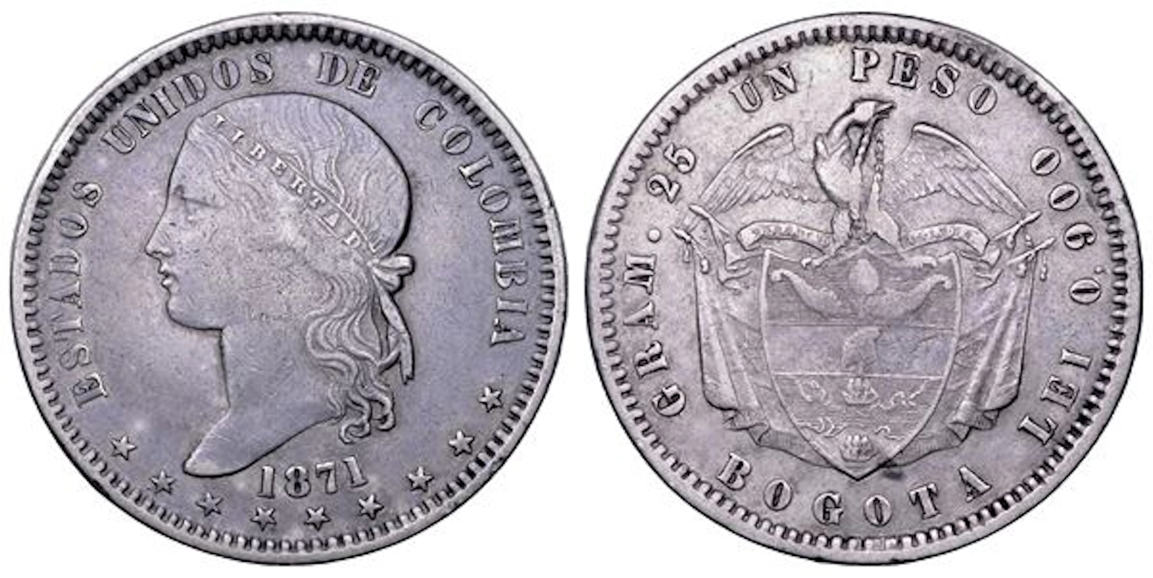 COLOMBIA. ESTADOS UNIDOS DE COLOMBIA, 1862-1886. Peso 1871. BogotÃ .