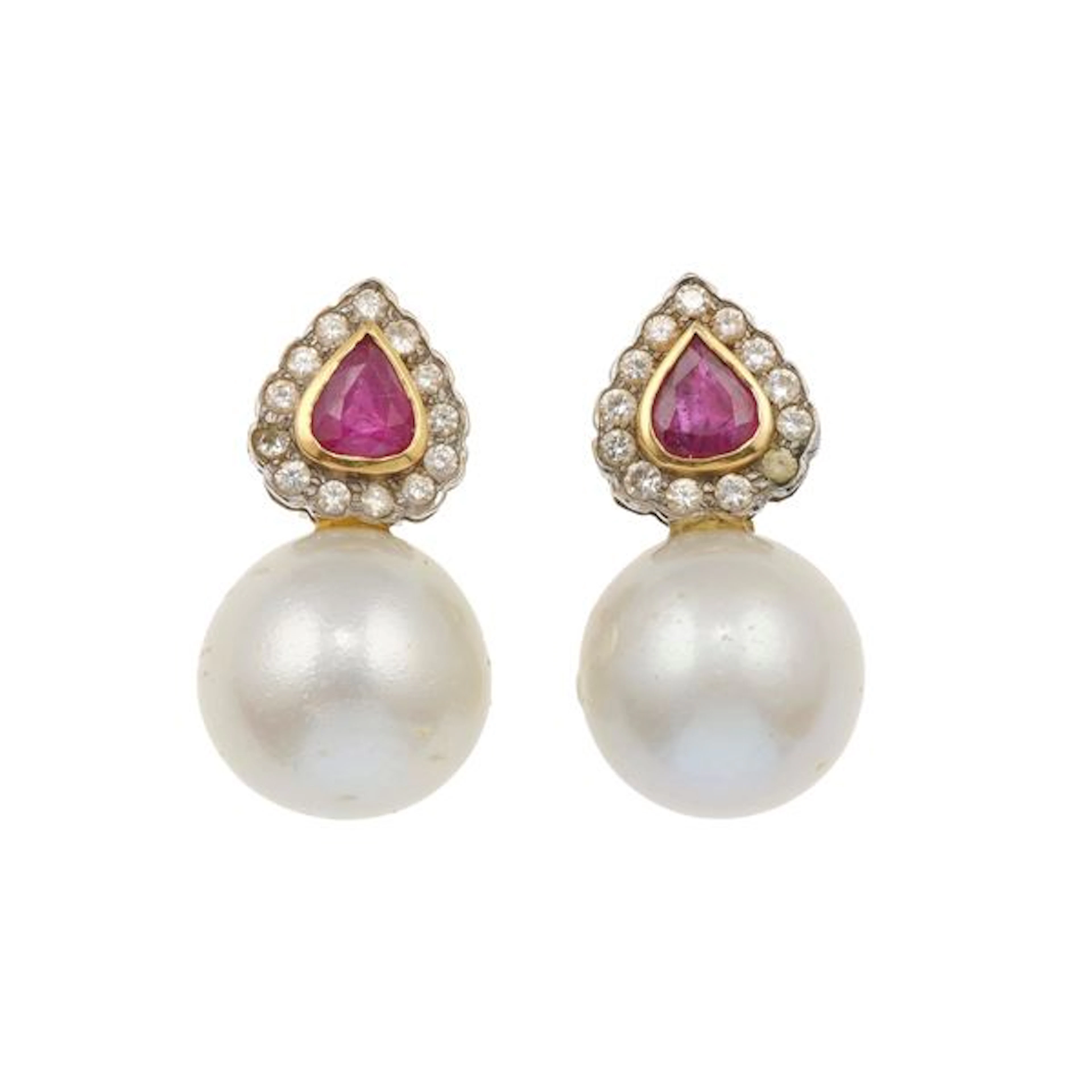 Pair of Australian pearl, ruby, diamond and gold earings