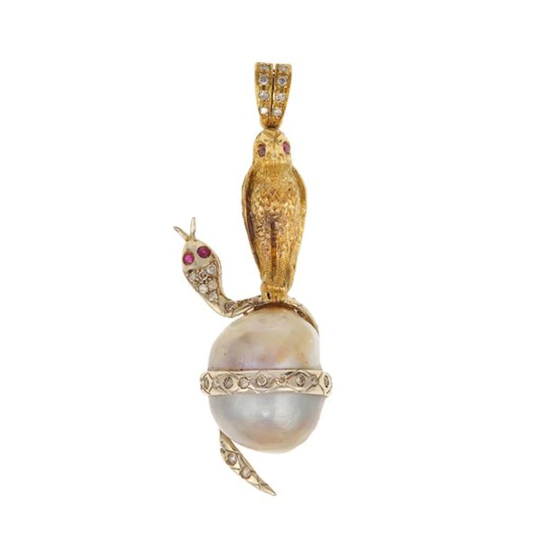Australian pearl, diamond, ruby and gold pendant