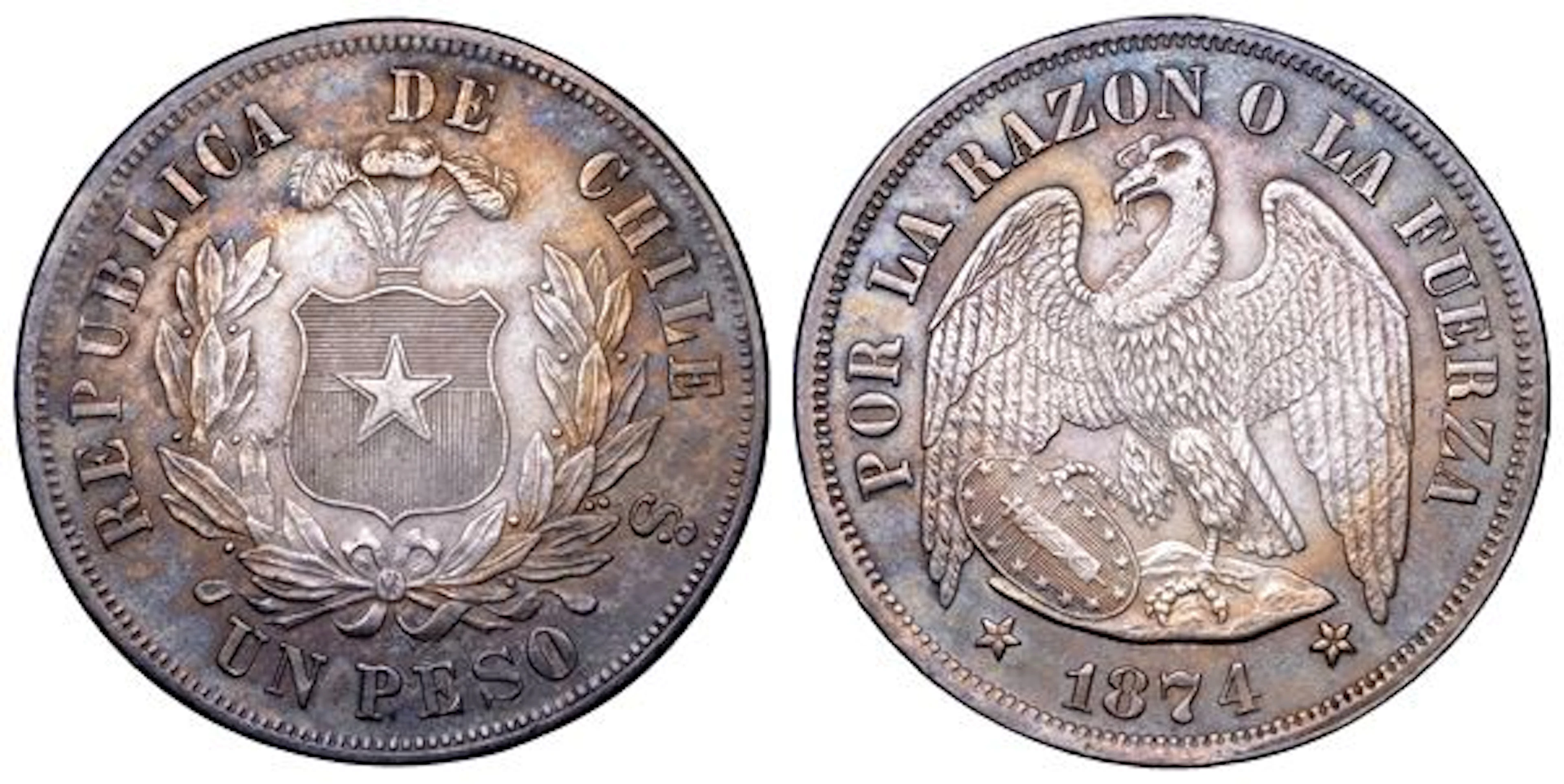 CILE. REPUBBLICA, dal 1818. Peso 1874. Santiago.